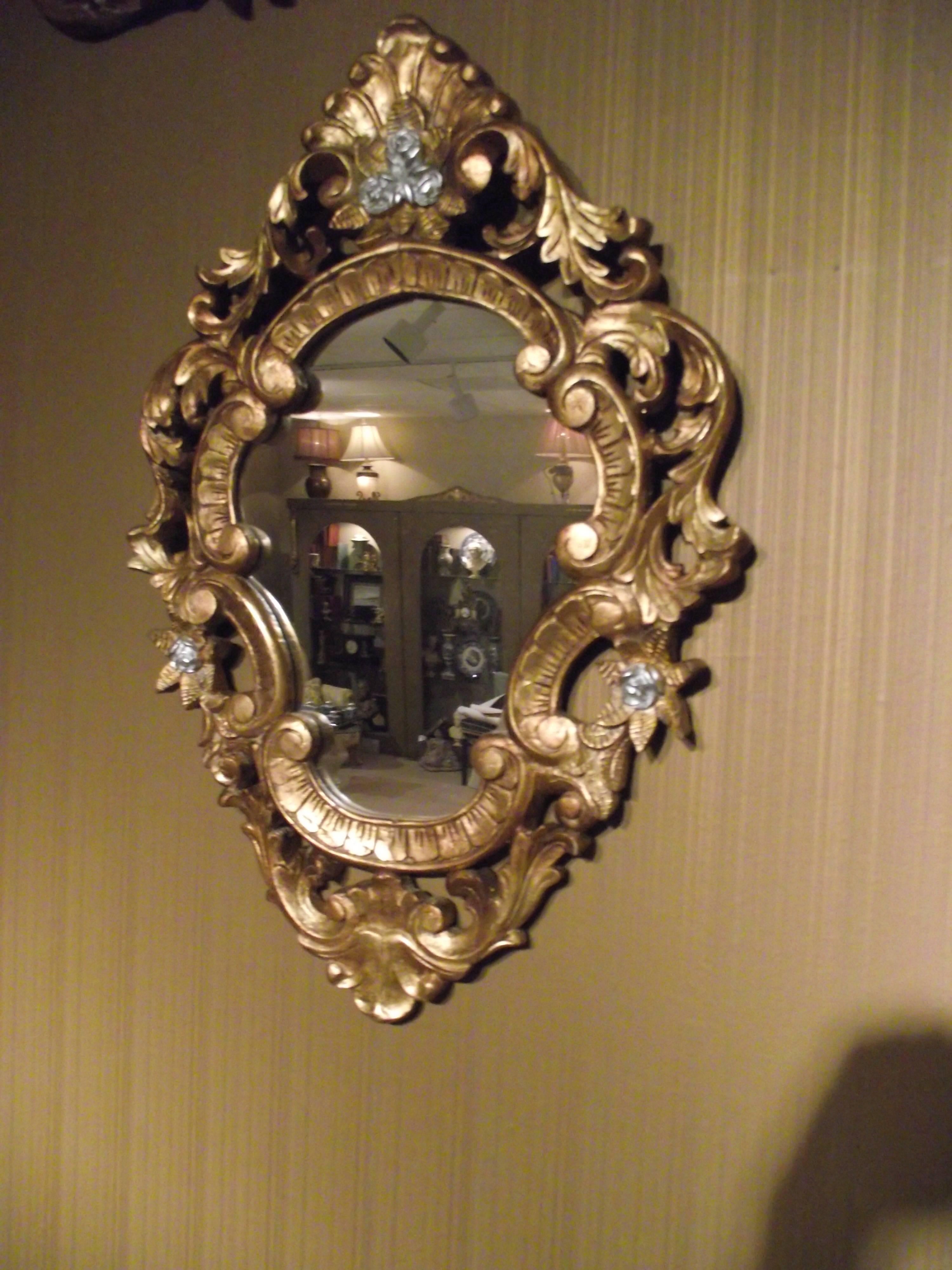 American Rococo Style Hand Carved Mirror in Gold Leaf with Silver Accents,               