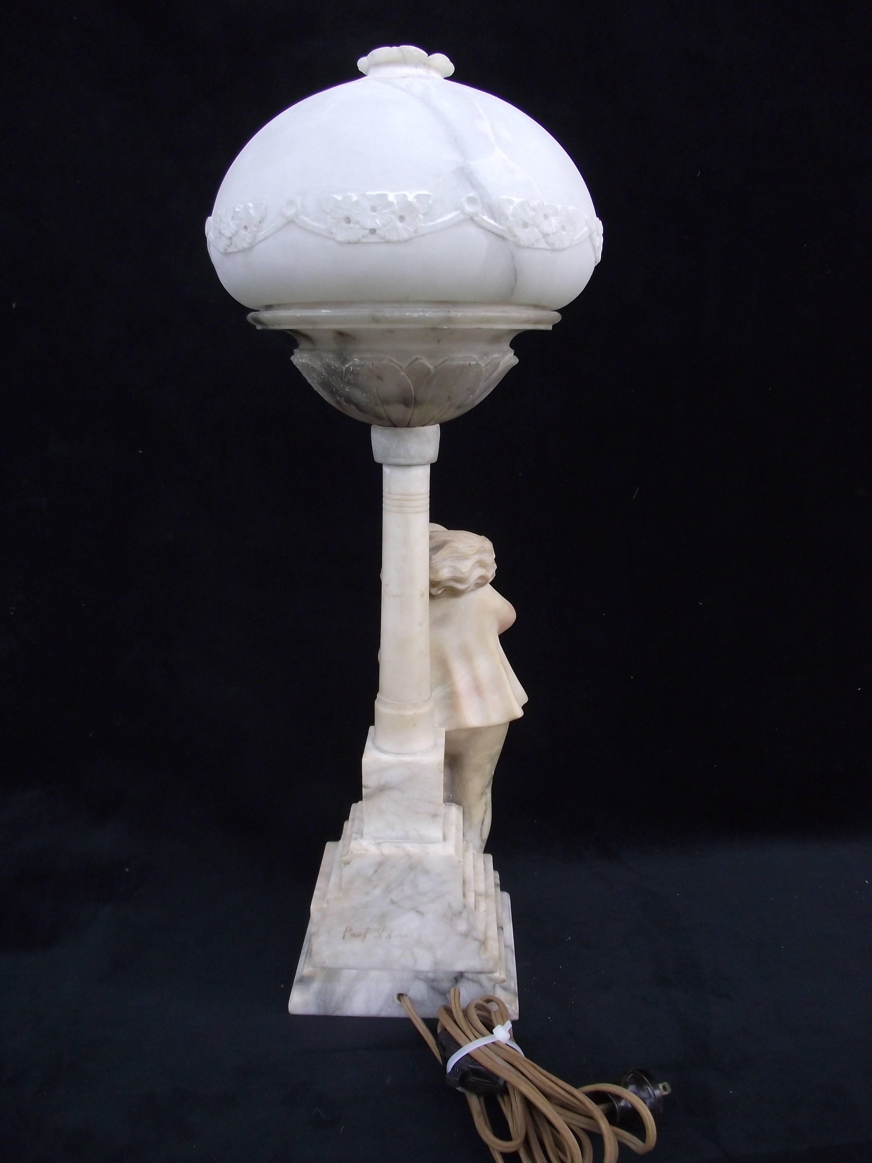 Italian Alabaster Pierrot Clown Lamp, Signed, Hand-Carved Alabaster Lamp For Sale