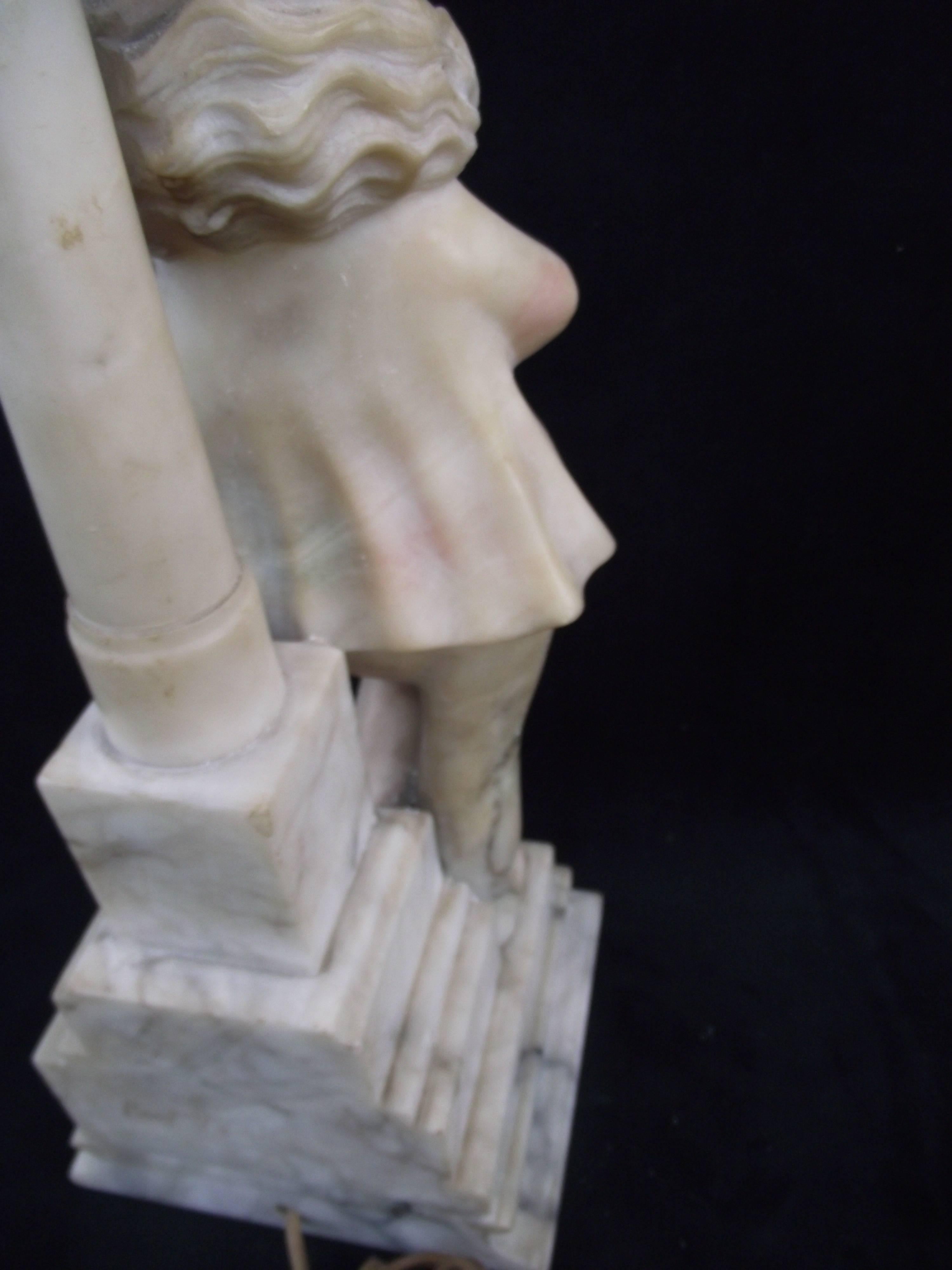 Alabaster Pierrot Clown Lamp, Signed, Hand-Carved Alabaster Lamp In Good Condition For Sale In Harrisburg, PA