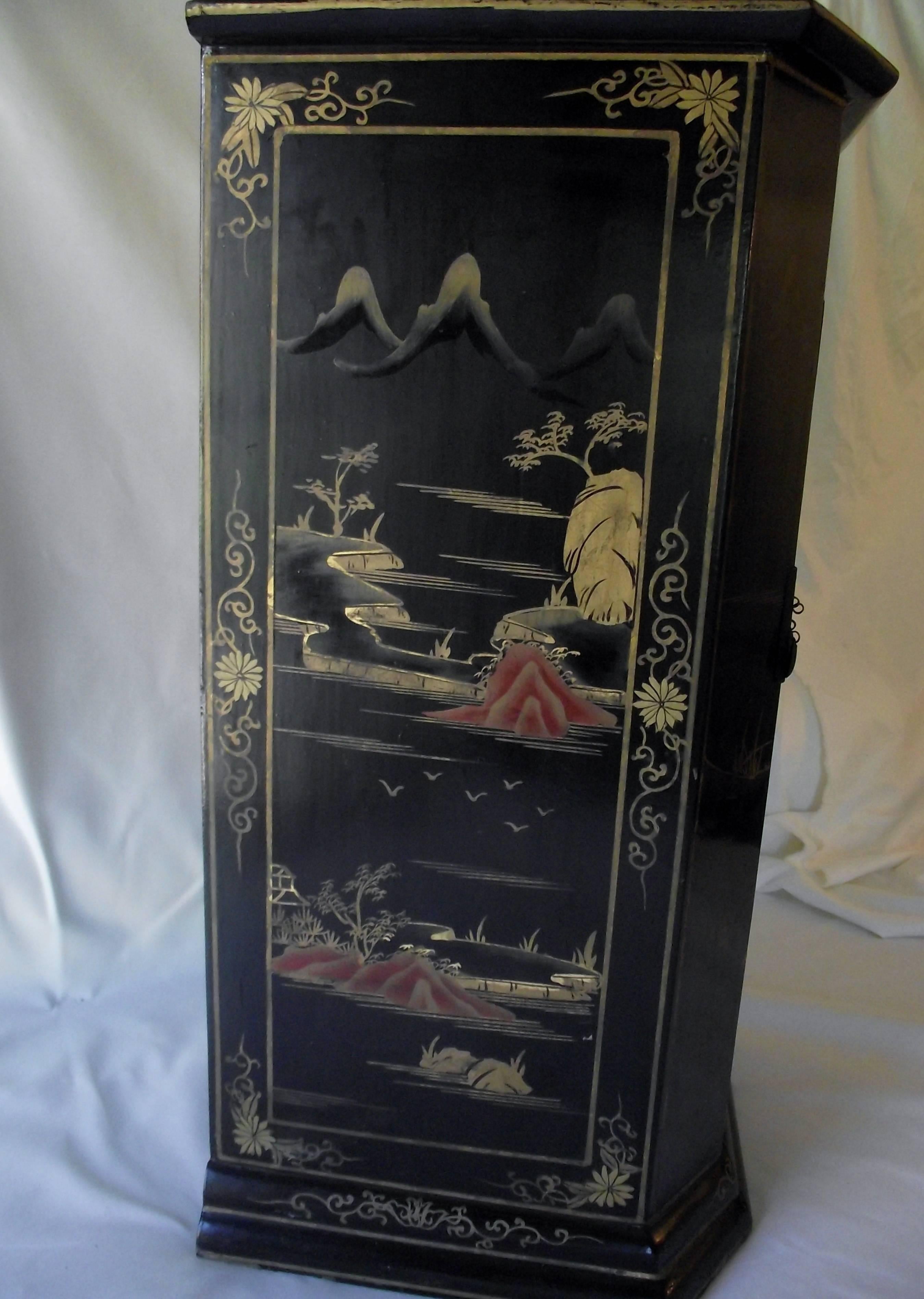 Chinese Export Coromandel Style Cabinet, Black Painted with Decals and Hand Painting, 1930s