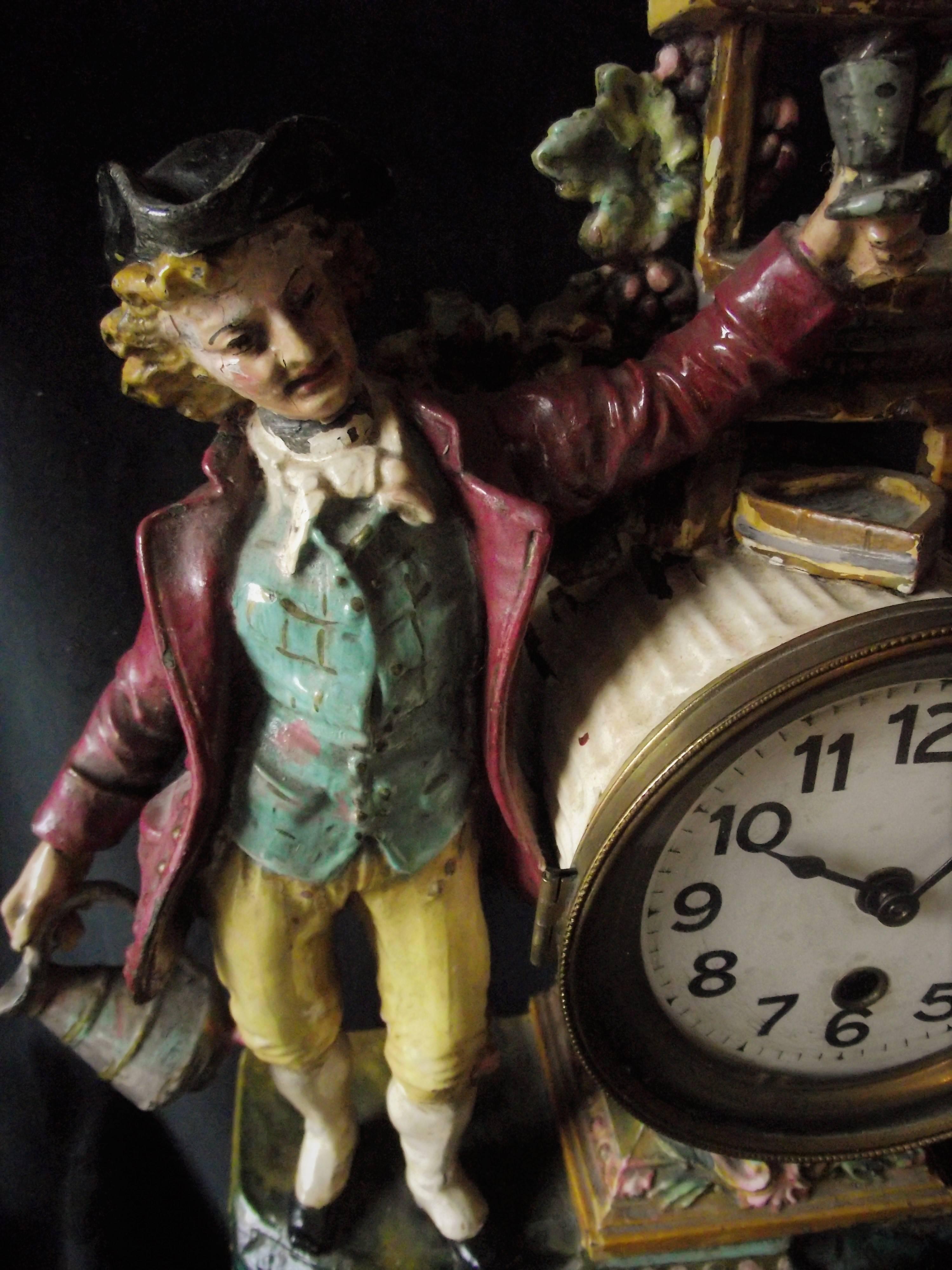 Late 19th Century Rare Hand-Painted Antique Clock, French Style Antique Clock, Figure Clock