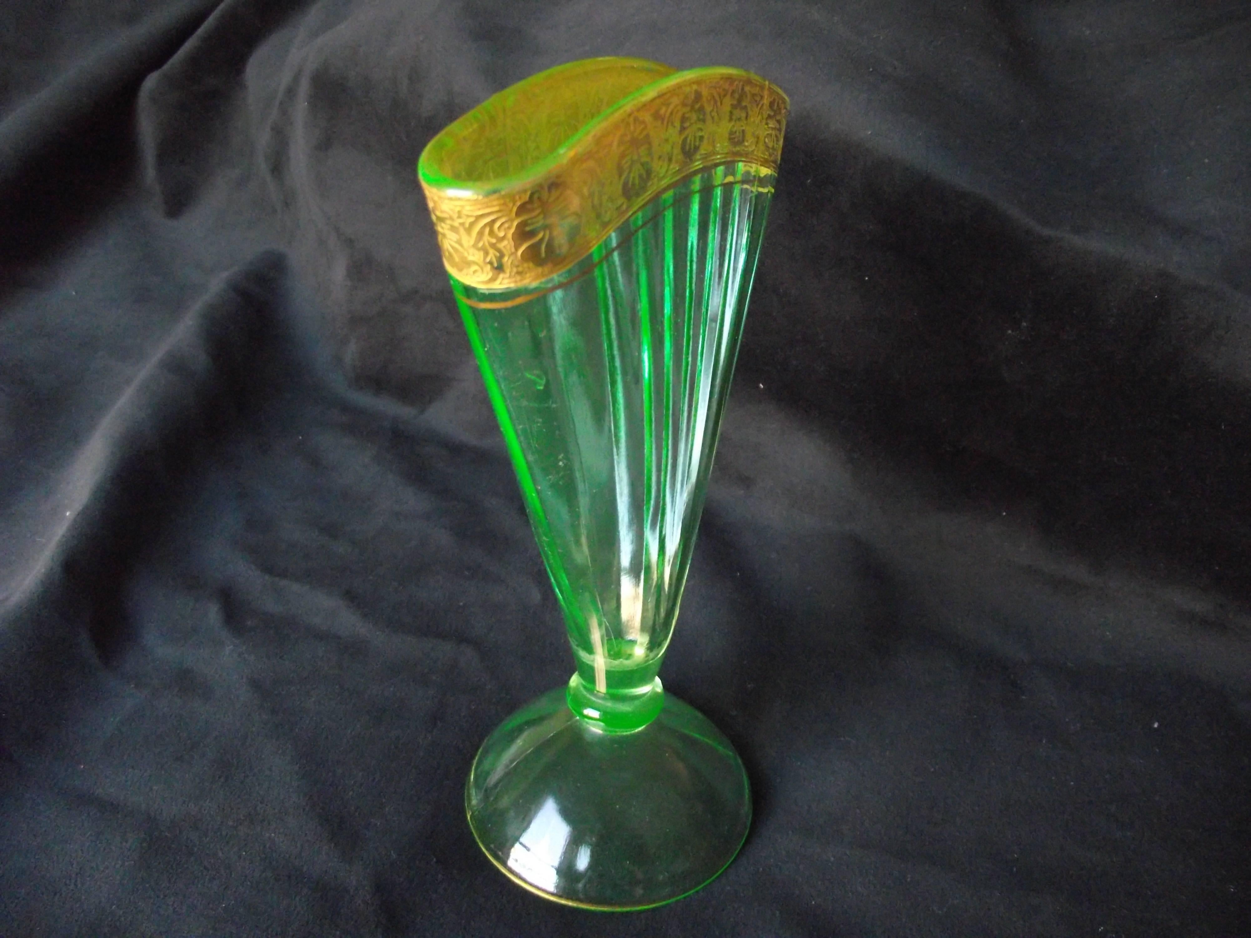 Unknown Art Deco Fan Vase with 24-karat, Gold Trim, Art Glass, Green Pressed Glass