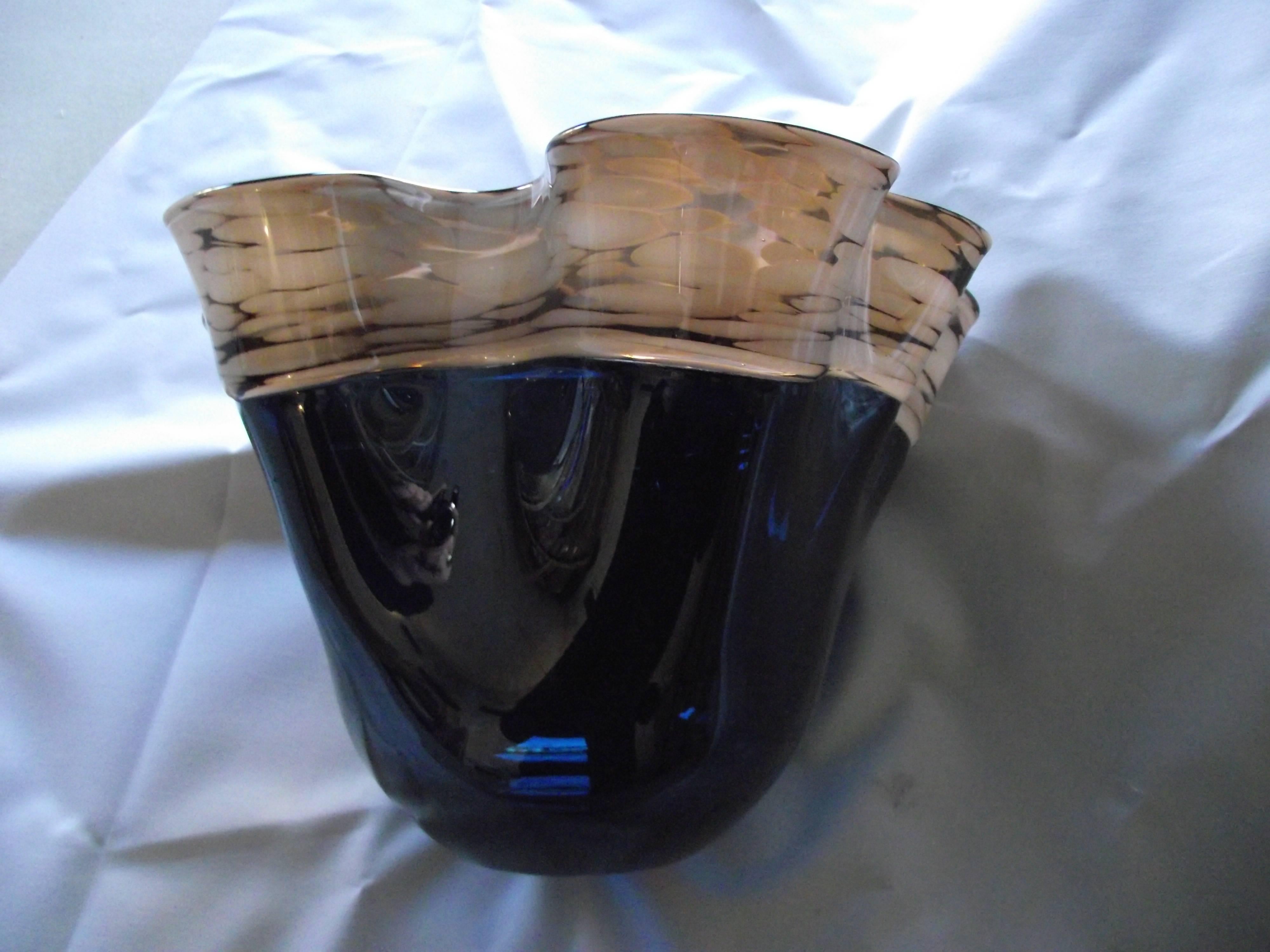 Organic Modern Murano Latticino Blown Glass Bowl, Blue Glass Bowl, Handkerchief Vase Bowl