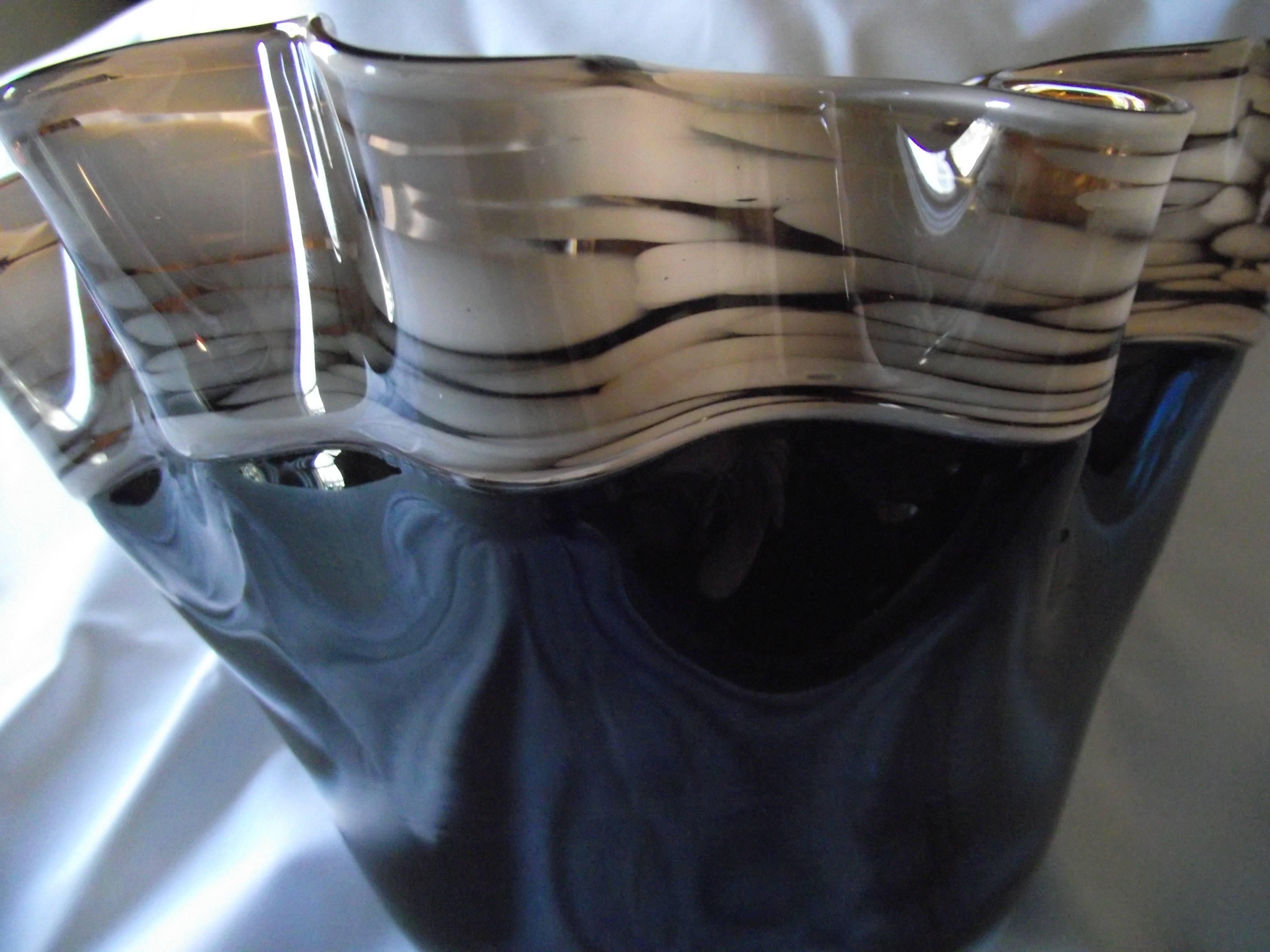Unknown Murano Latticino Blown Glass Bowl, Blue Glass Bowl, Handkerchief Vase Bowl