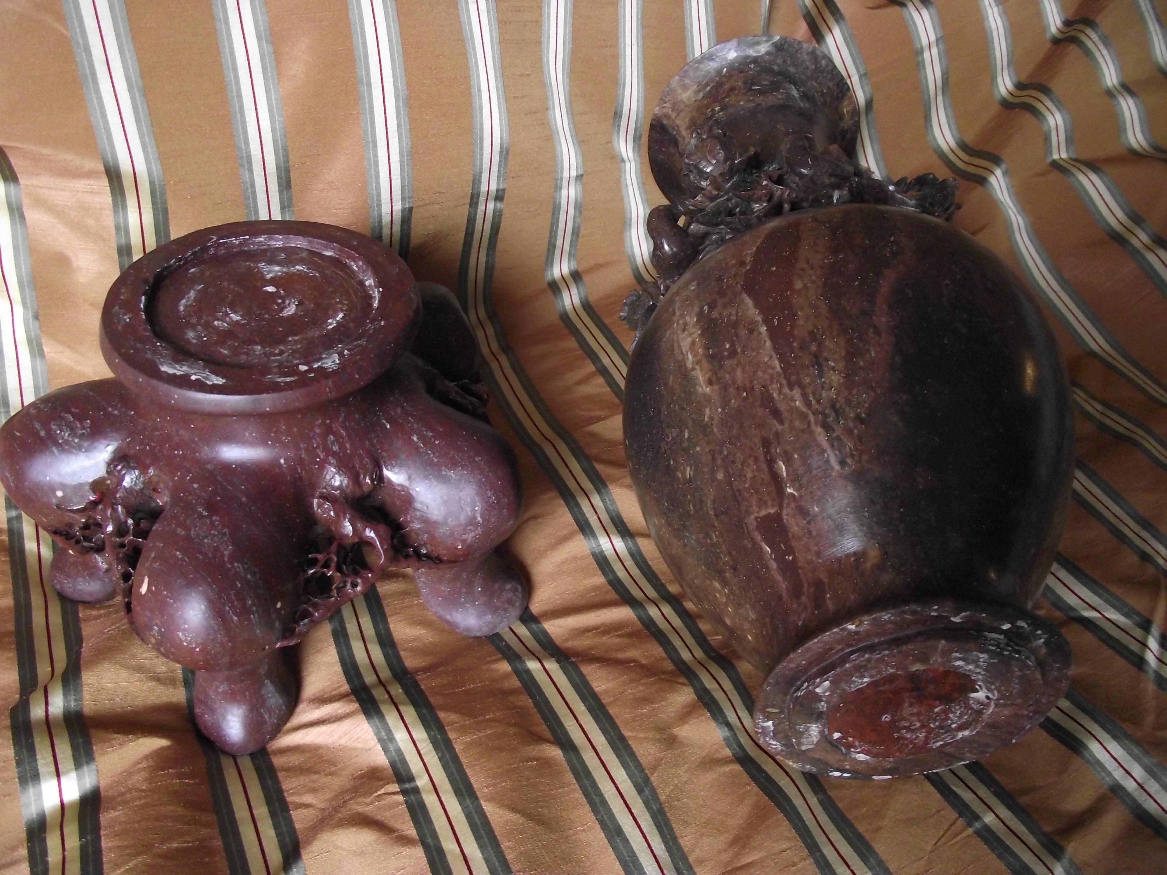 Carved Stone Vase, Oriental Style Carved Brown Soapstone Vase For Sale 2