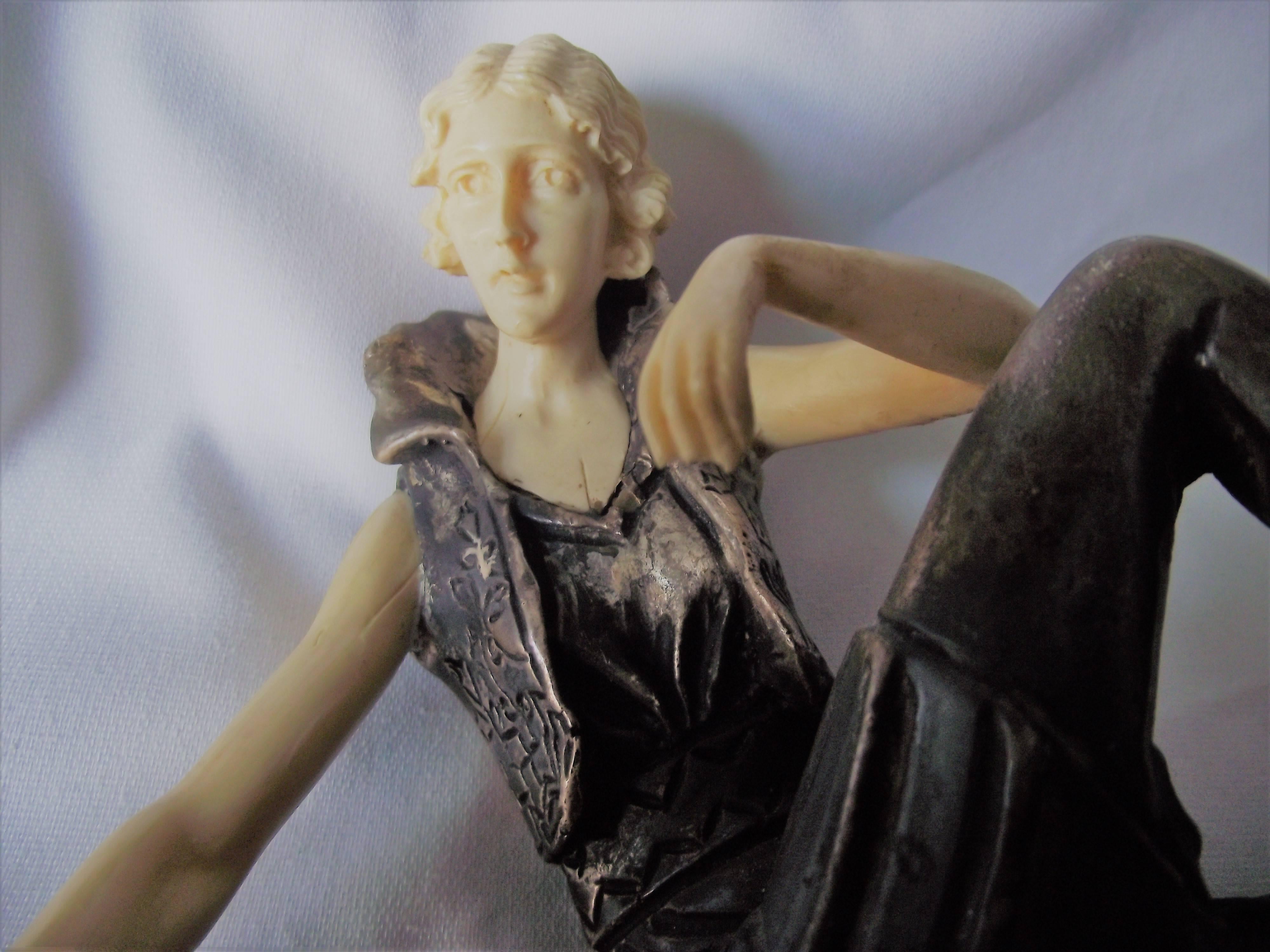 Cold-Painted Girl on Wall after Ferdinand Preiss, Art Deco Bronze Sculpture