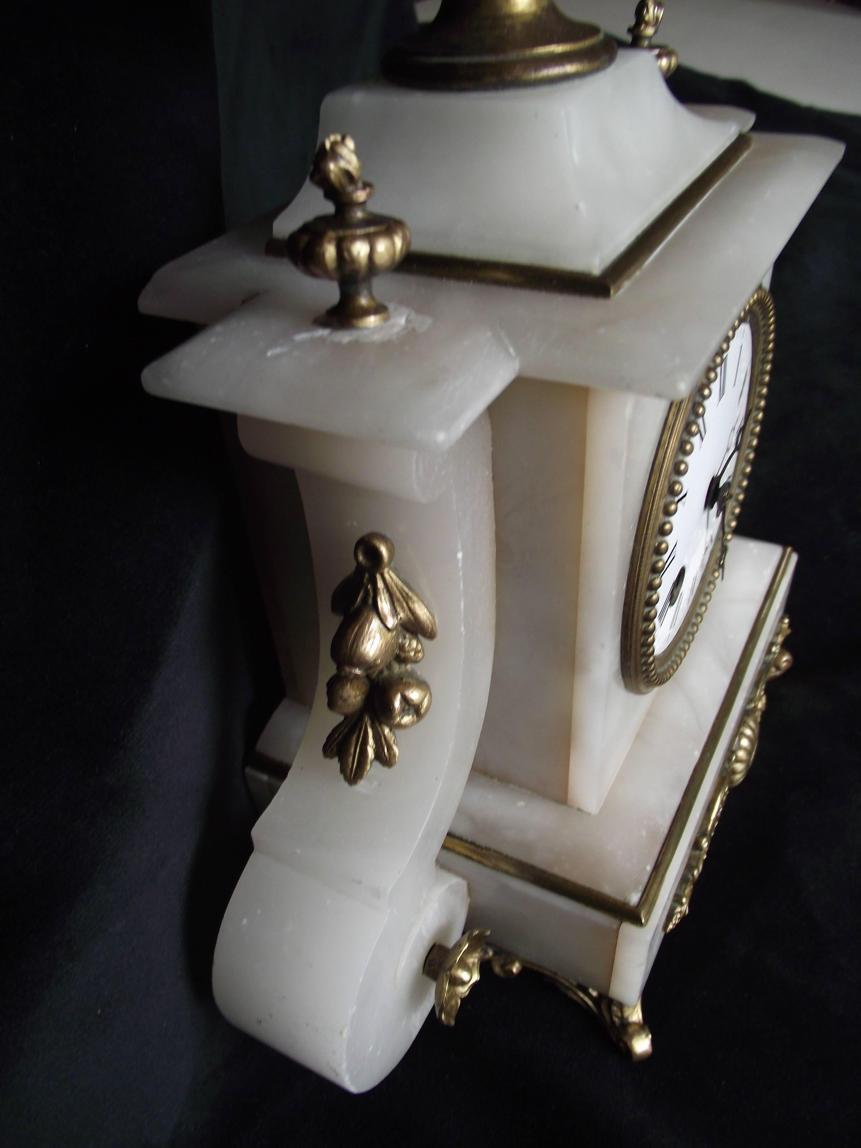 Victorian Alabaster French Clock, White Carved Alabaster Figure Clock In Good Condition In Harrisburg, PA