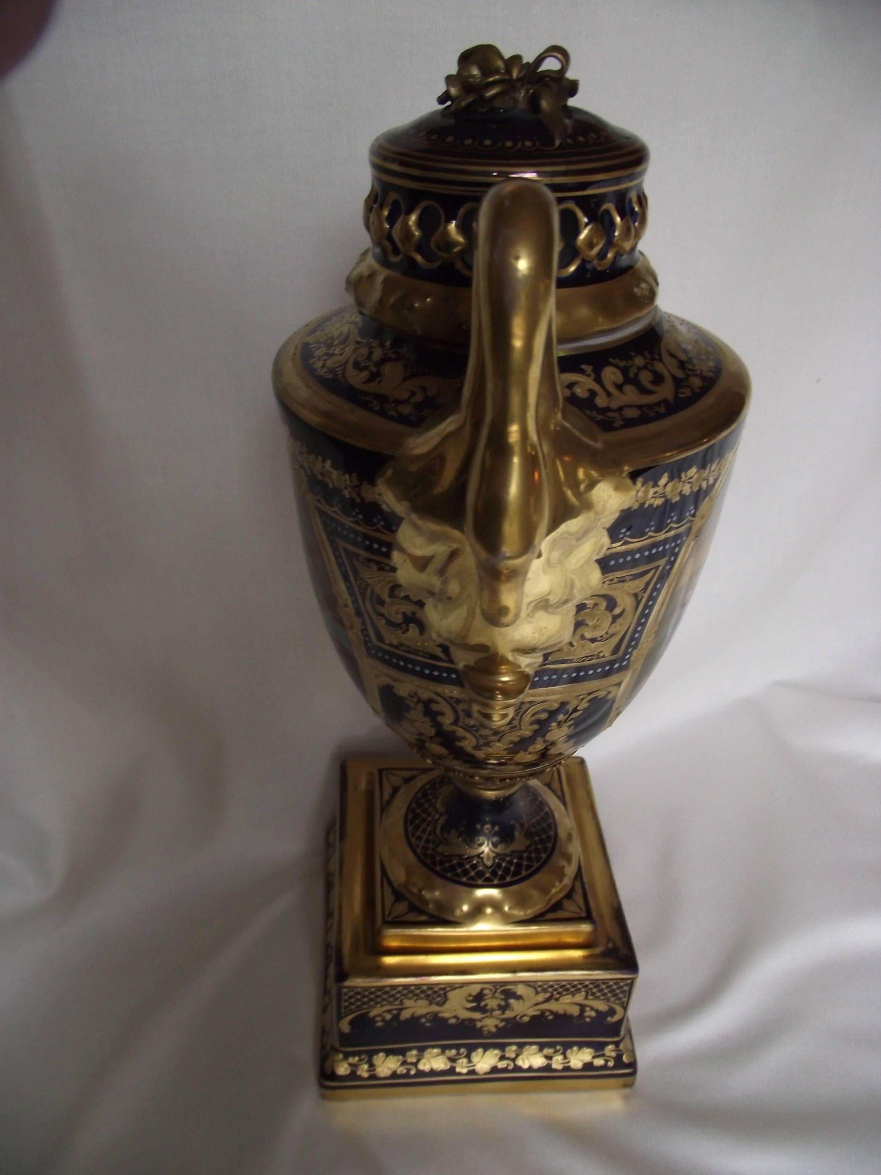Porcelain Royal Vienna Vase, Severes Style, Cobalt Blue with Raised Gold Decoration