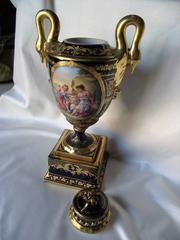 Royal Vienna Vase, Severes Style, Cobalt Blue with Raised Gold Decoration