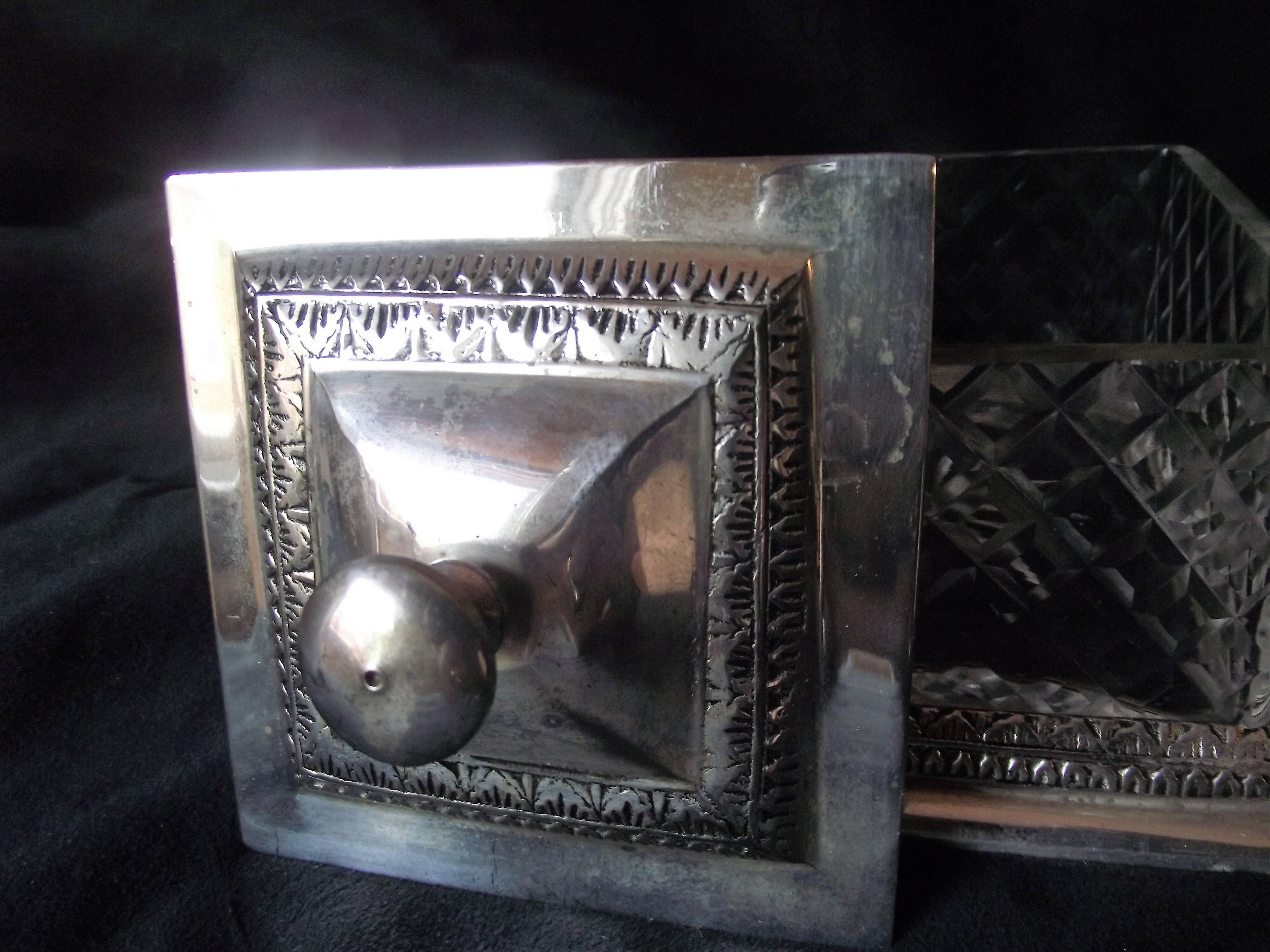 Hollywood Regency Silver and Glass Box, Vanity Box, Pressed Glass and Silver Box For Sale