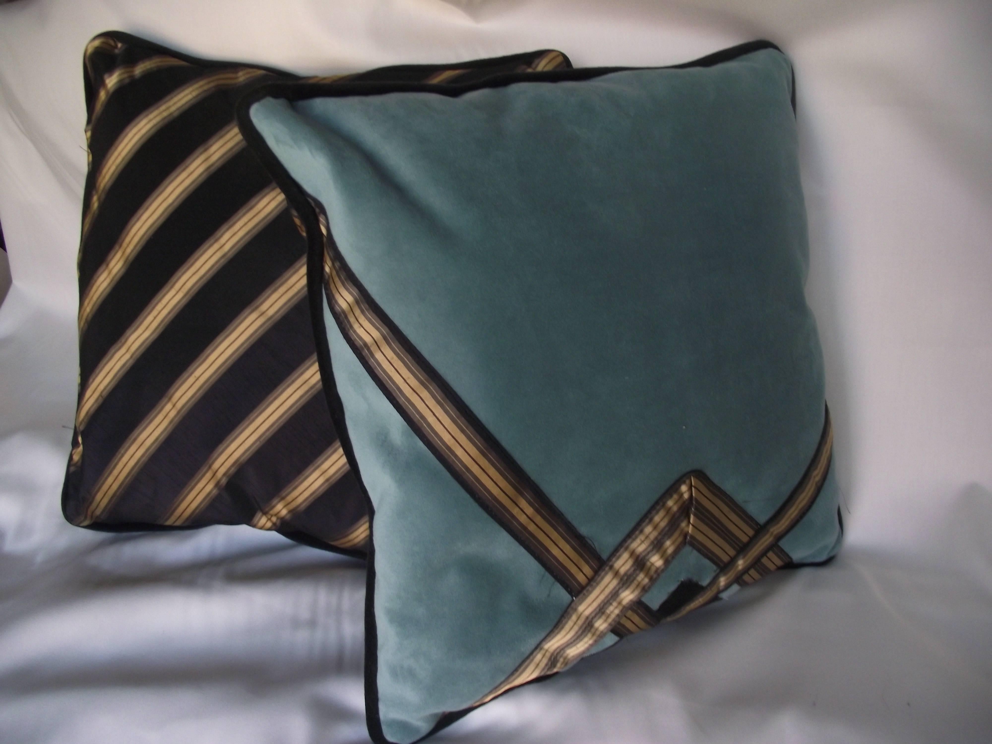 American Art Deco Pillows, Blue Black and Gold Velvet Throw Pillows