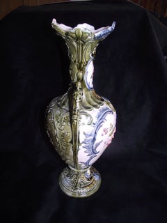 Majolica Double Handled, Hand-Painted Vase