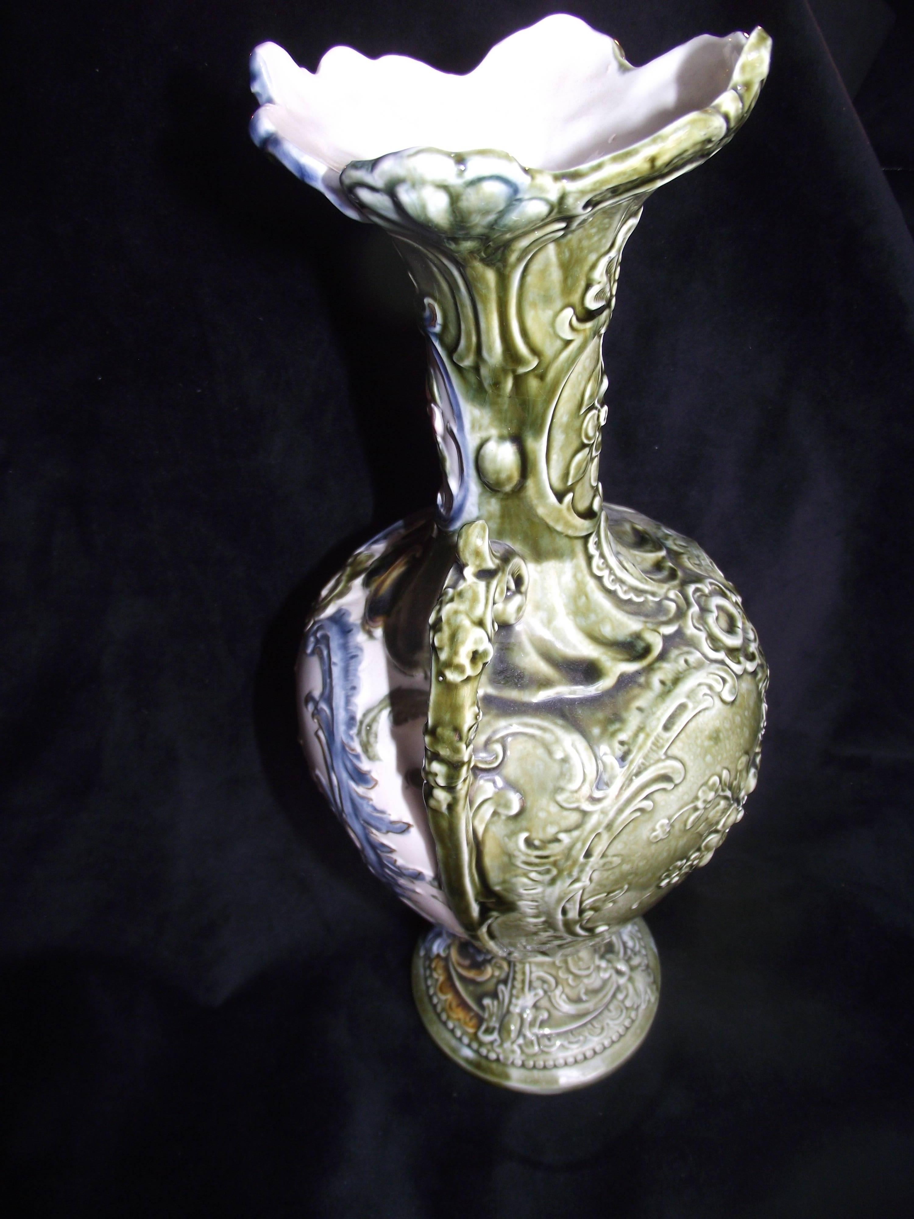 Unknown Majolica Double Handled, Hand-Painted Vase For Sale