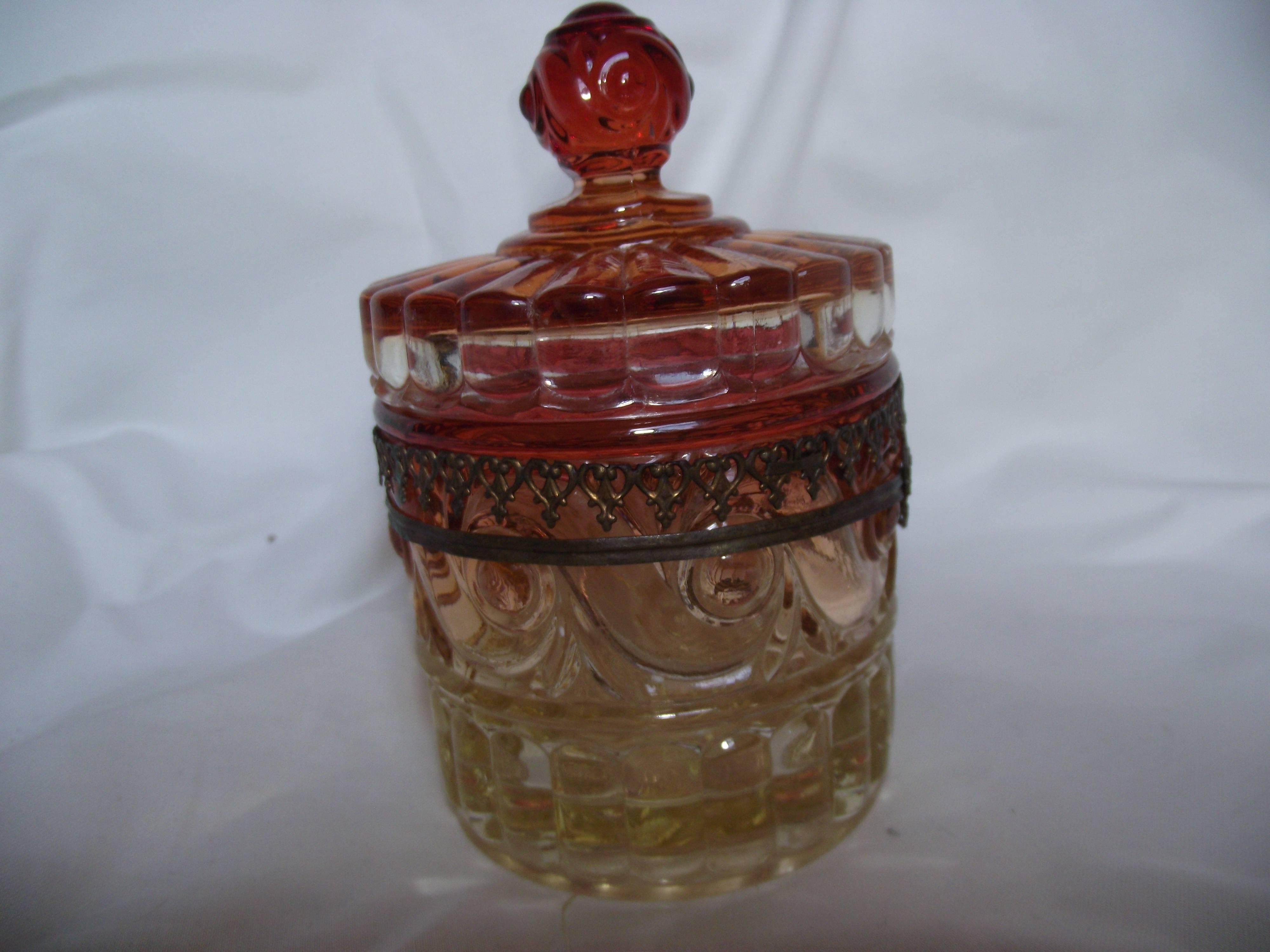 Baroque Revival Baccarat Glass Jar with Lid, Rose and Amber Tint with Brass Trim For Sale