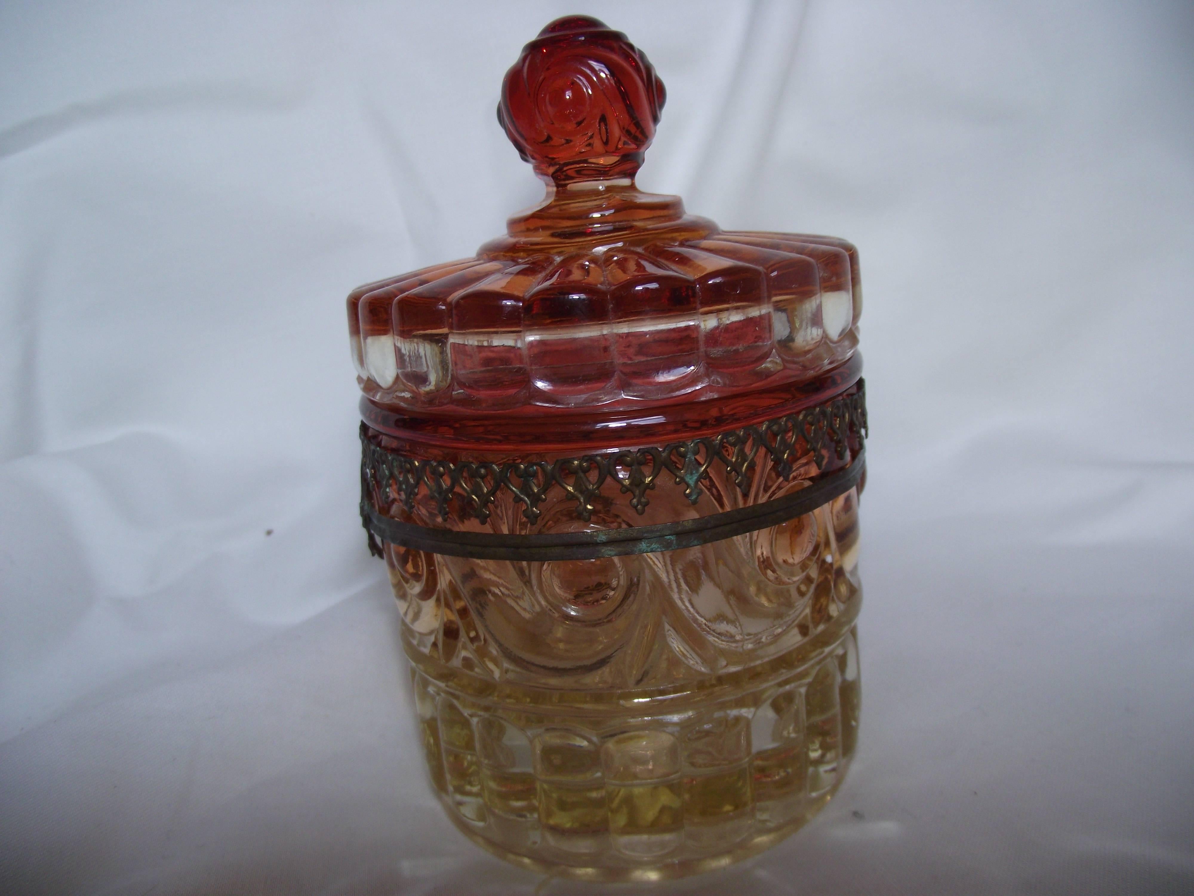 French Baccarat Glass Jar with Lid, Rose and Amber Tint with Brass Trim For Sale