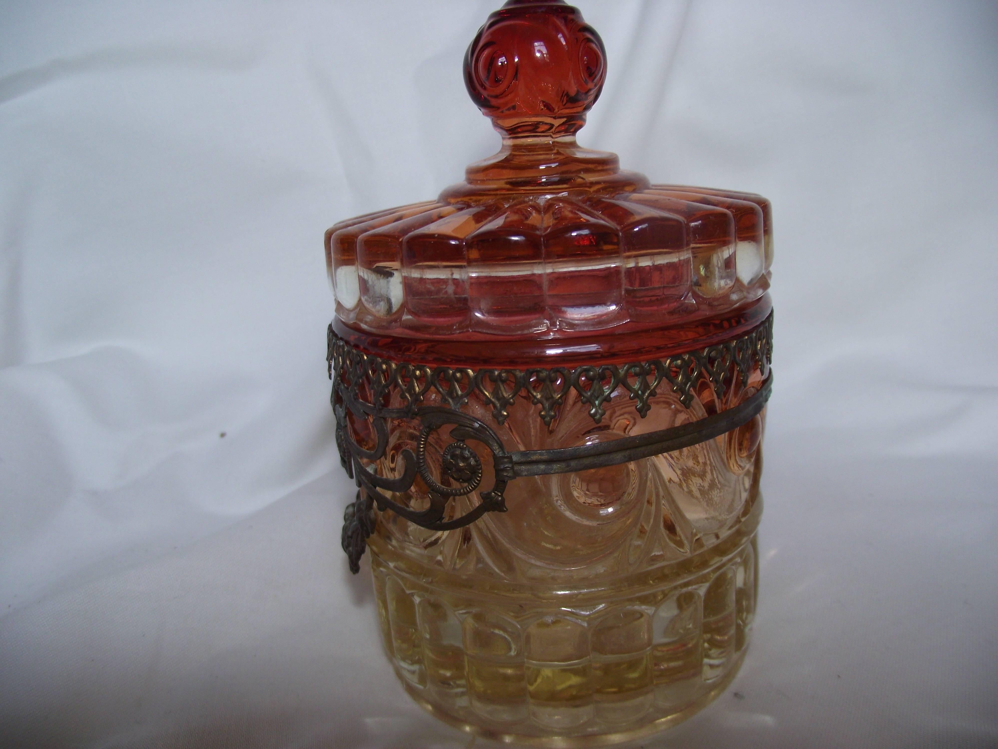 Baccarat Glass Jar with Lid, Rose and Amber Tint with Brass Trim In Good Condition For Sale In Harrisburg, PA