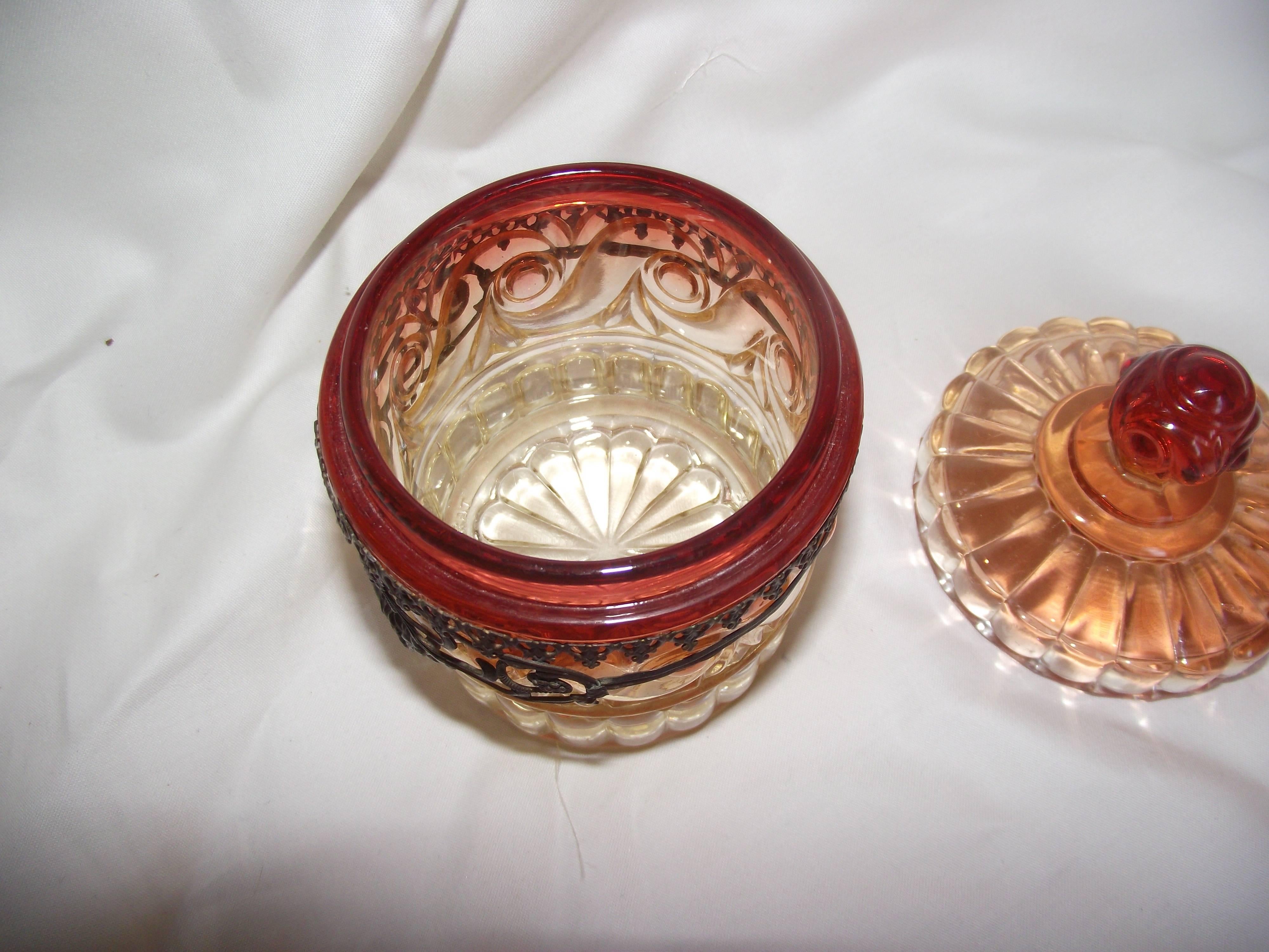 Mid-20th Century Baccarat Glass Jar with Lid, Rose and Amber Tint with Brass Trim For Sale