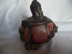 Oriental Incense Burner, Carved Hard Stone with Brass Buddha and Dragon Decor