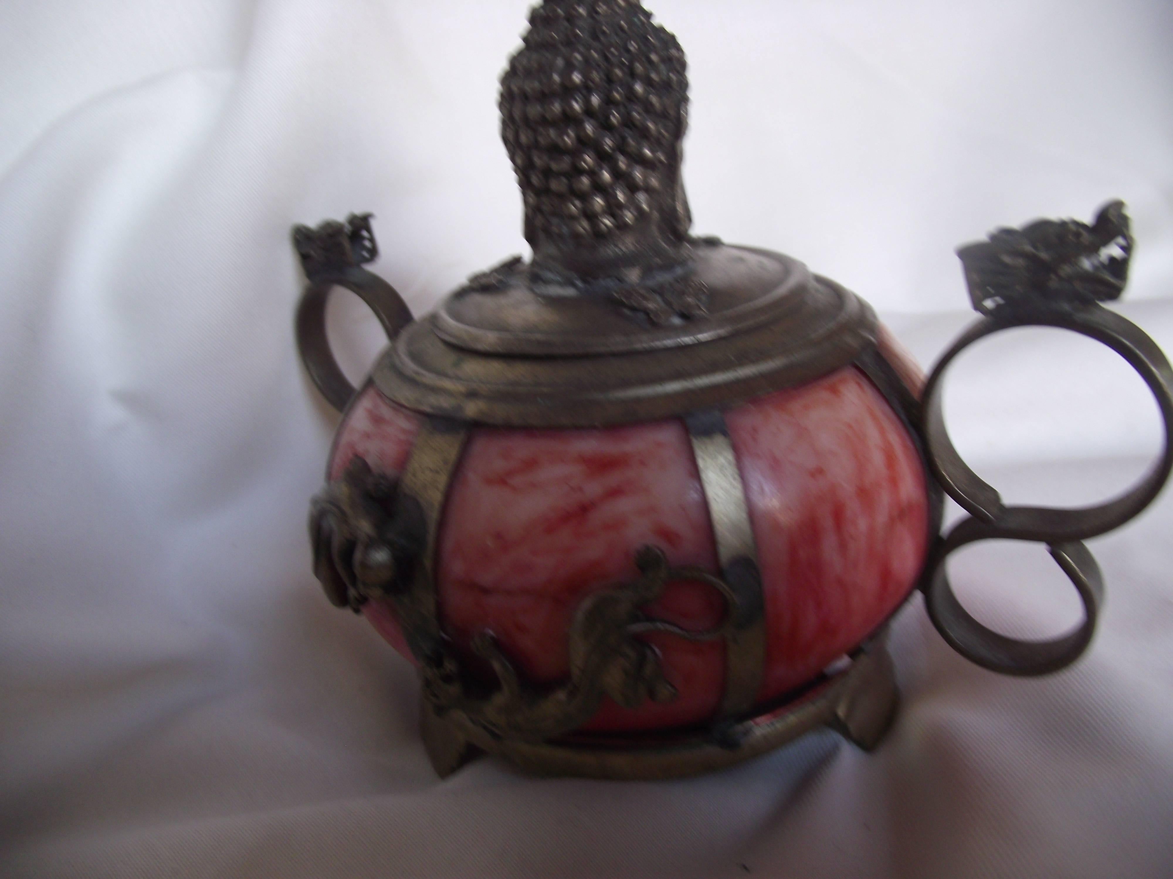 Chinese Export Oriental Incense Burner, Carved Hard Stone with Brass Buddha and Dragon Decor