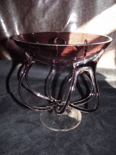 Art Glass Amethyst Footed Bowl, Unsigned Contemporary Art Glass Footed Bowl