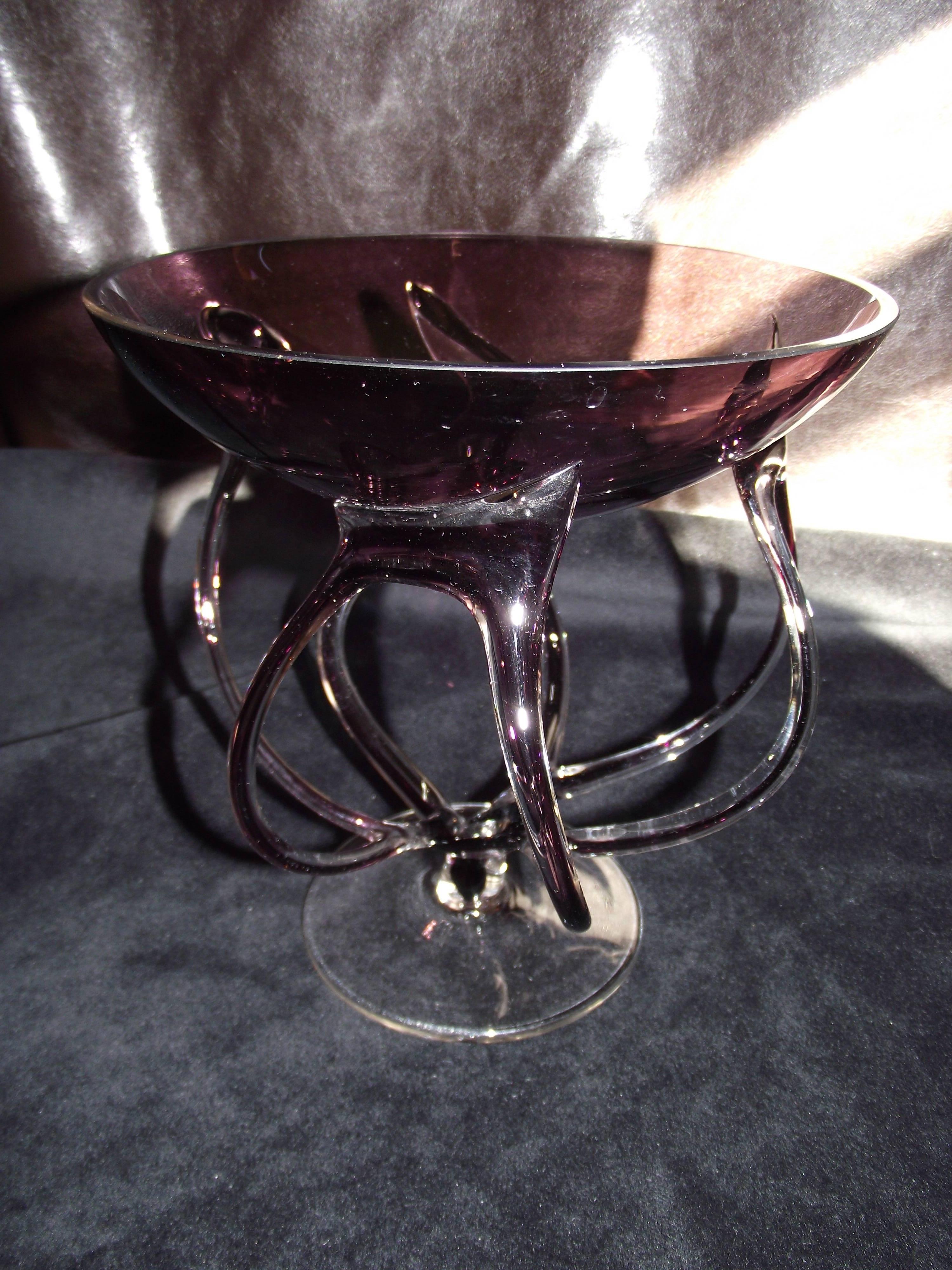Modern Art Glass Amethyst Footed Bowl, Unsigned Contemporary Art Glass Footed Bowl For Sale