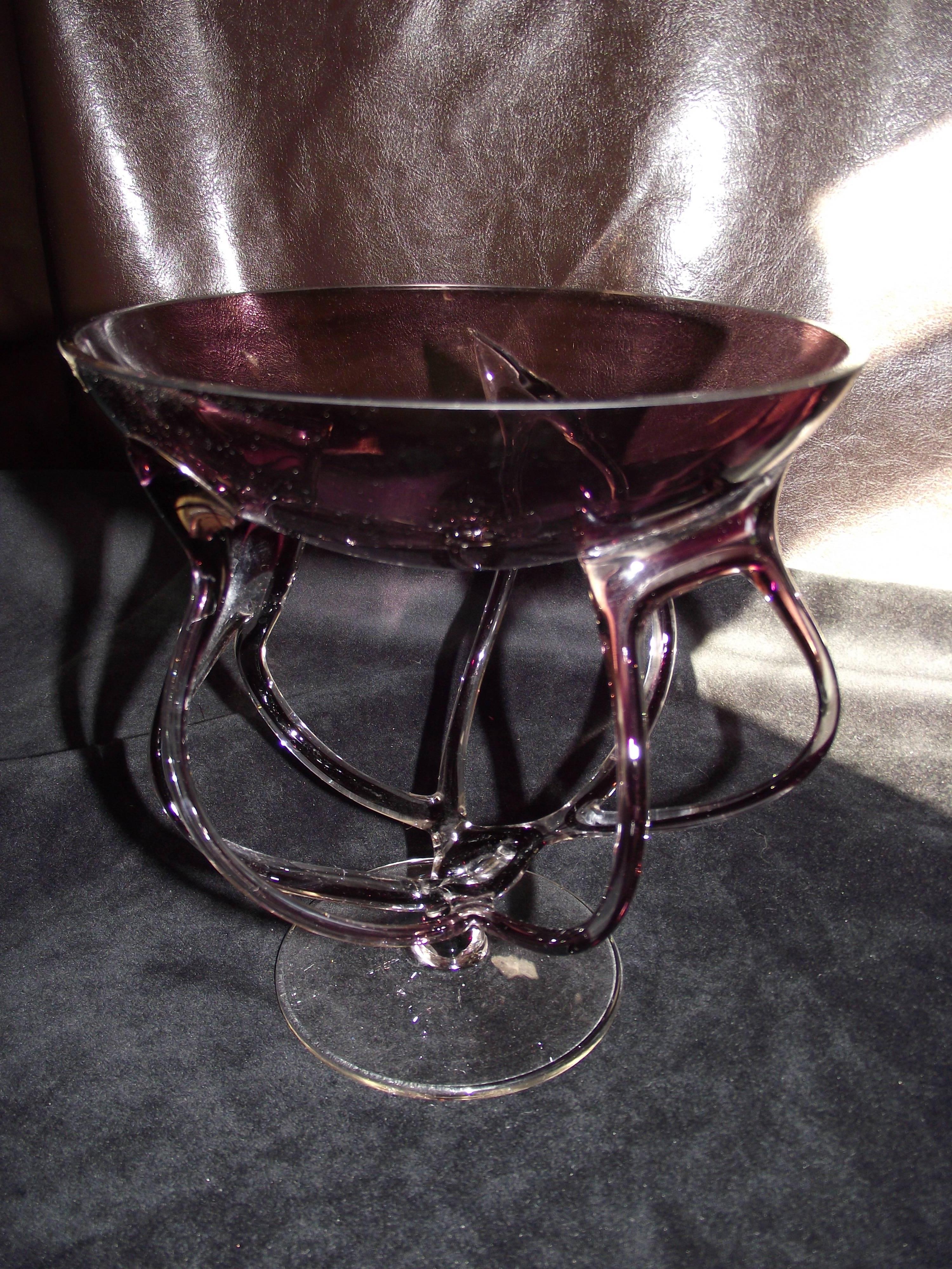 Unknown Art Glass Amethyst Footed Bowl, Unsigned Contemporary Art Glass Footed Bowl For Sale