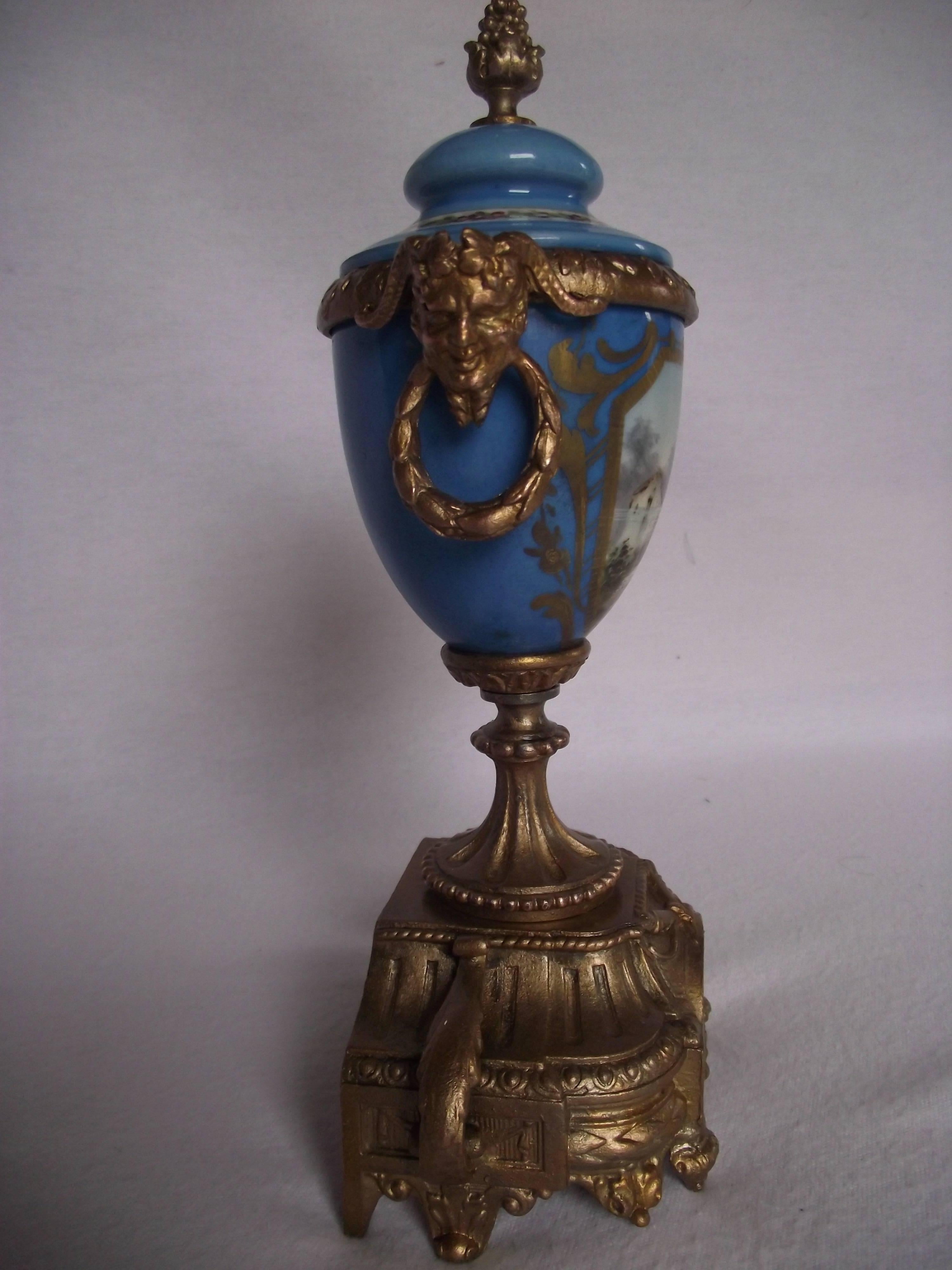 Neoclassical Sèvres Style Urn, Hand-Painted Porcelain Gilt Metal Urn