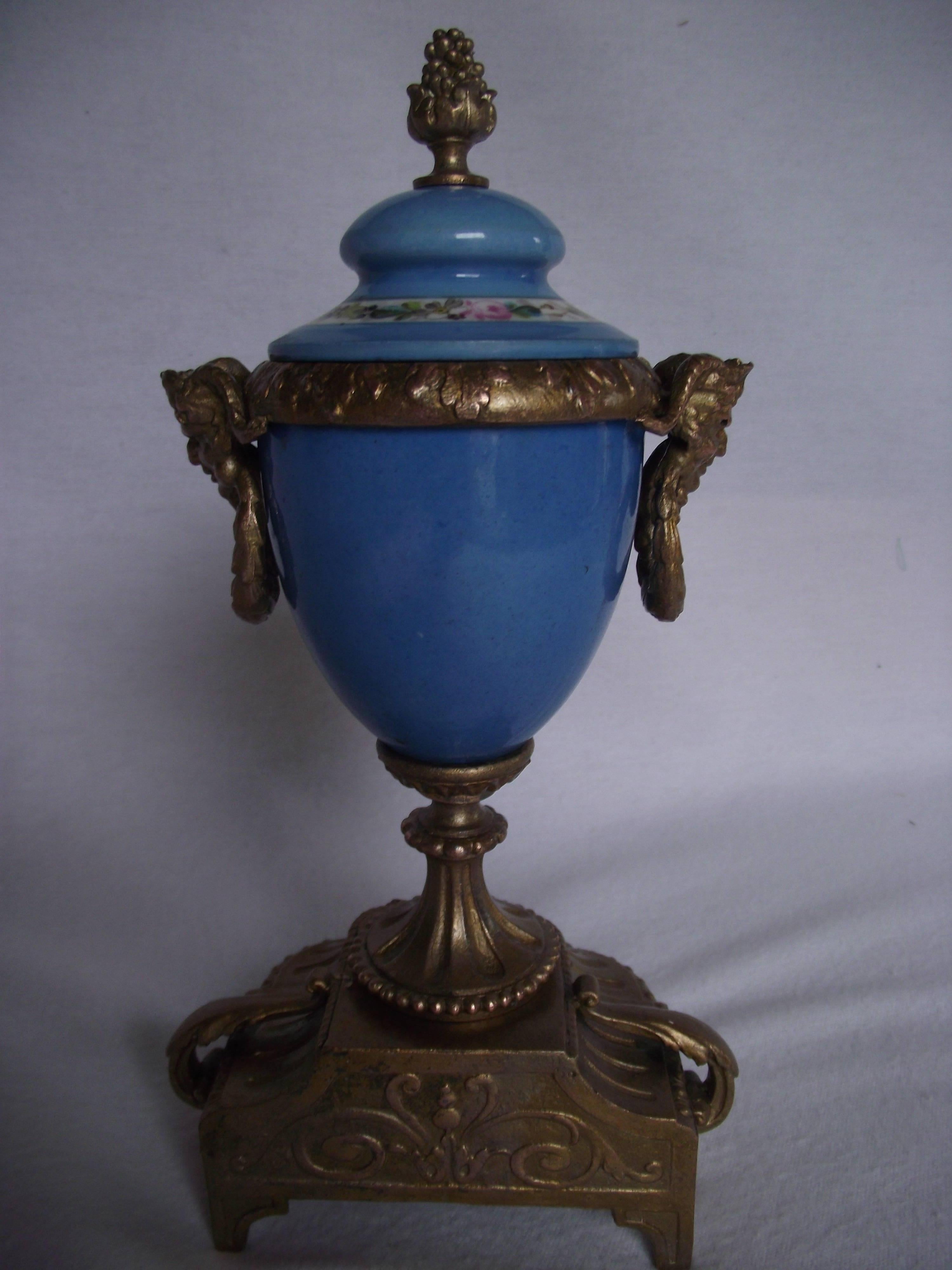 Unknown Sèvres Style Urn, Hand-Painted Porcelain Gilt Metal Urn