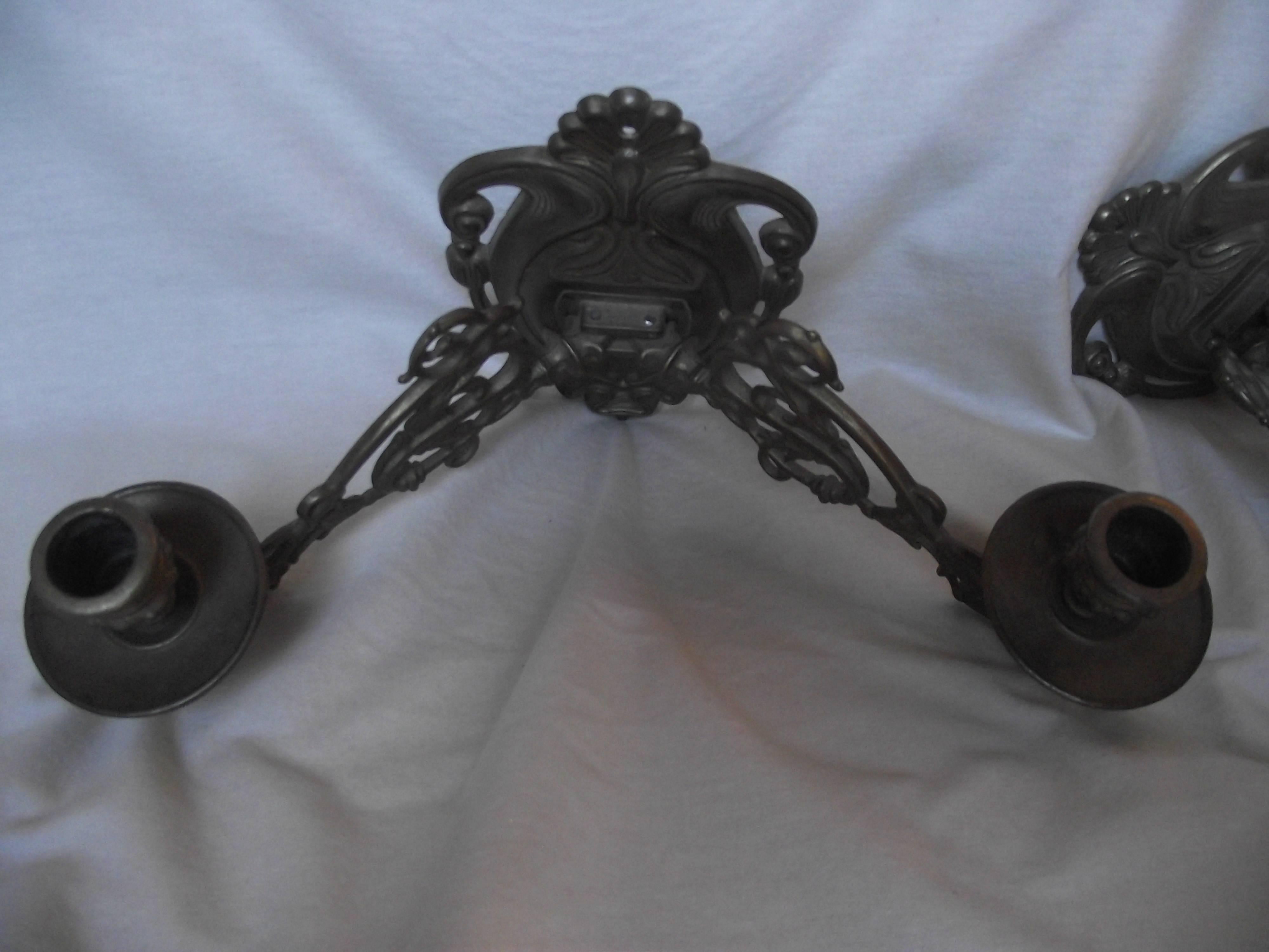 Mid-20th Century Pair of Art Nouveau Candle Sconces, Bronze Finish Art Nouveau Sing Arm Sconces For Sale