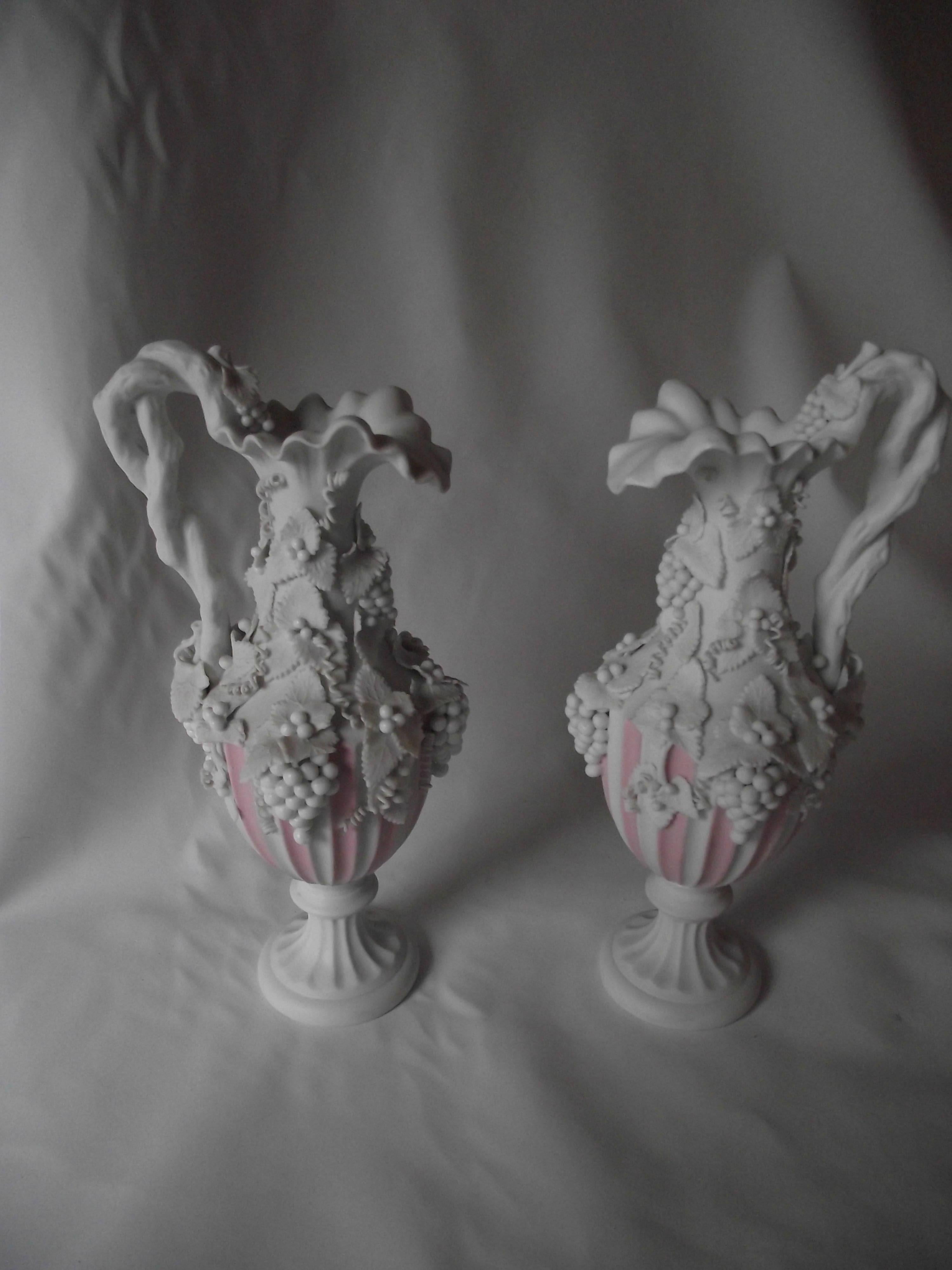 Late 19th Century Pair of Parian Urns,  Grape & Vine Decorated Parian Ware Urns/Pink & Whte stripe