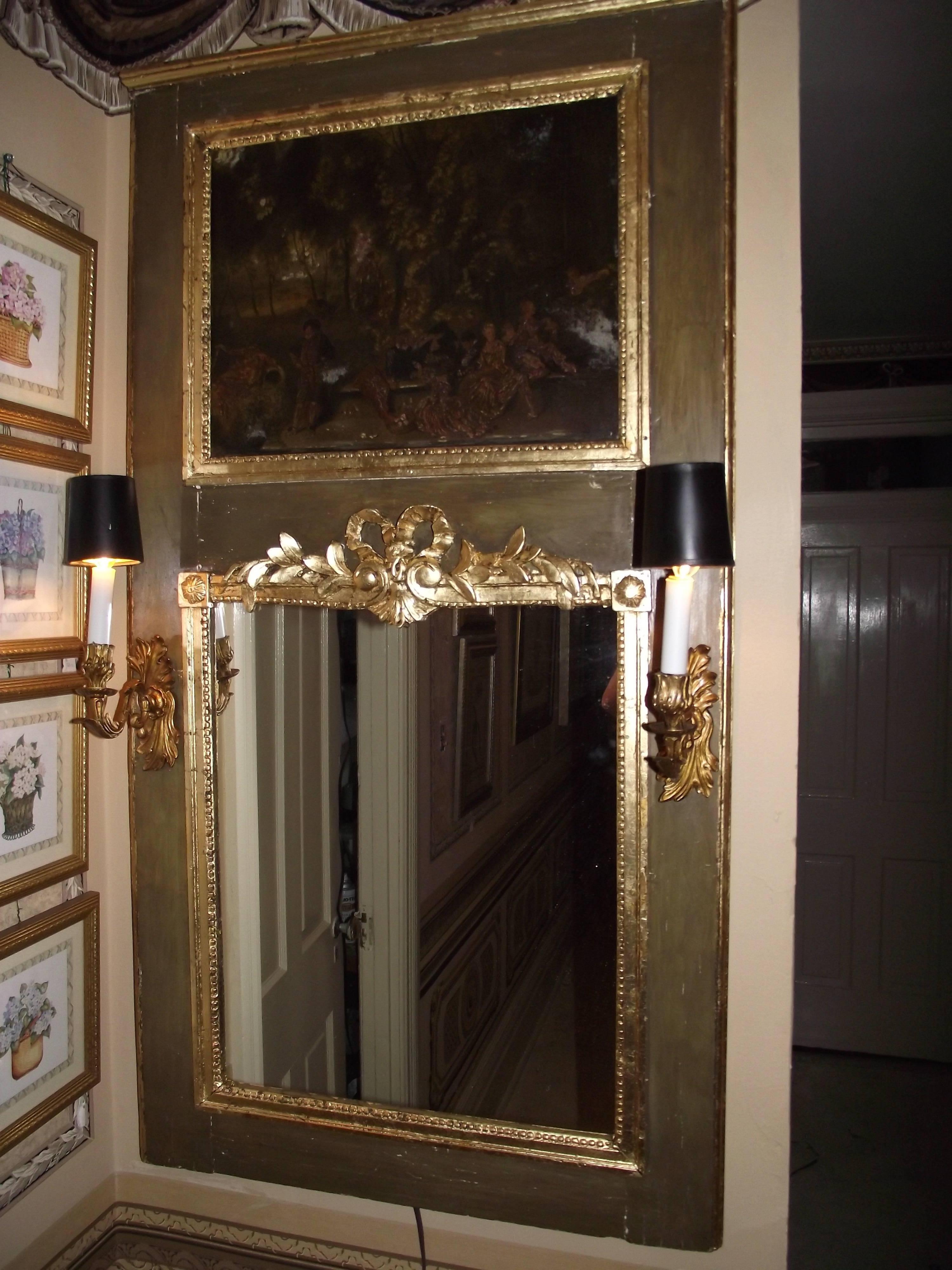 Mid-19th Century 19th century Trumeau Mirror, Antique lighted Mirror with Oil Painting scene For Sale