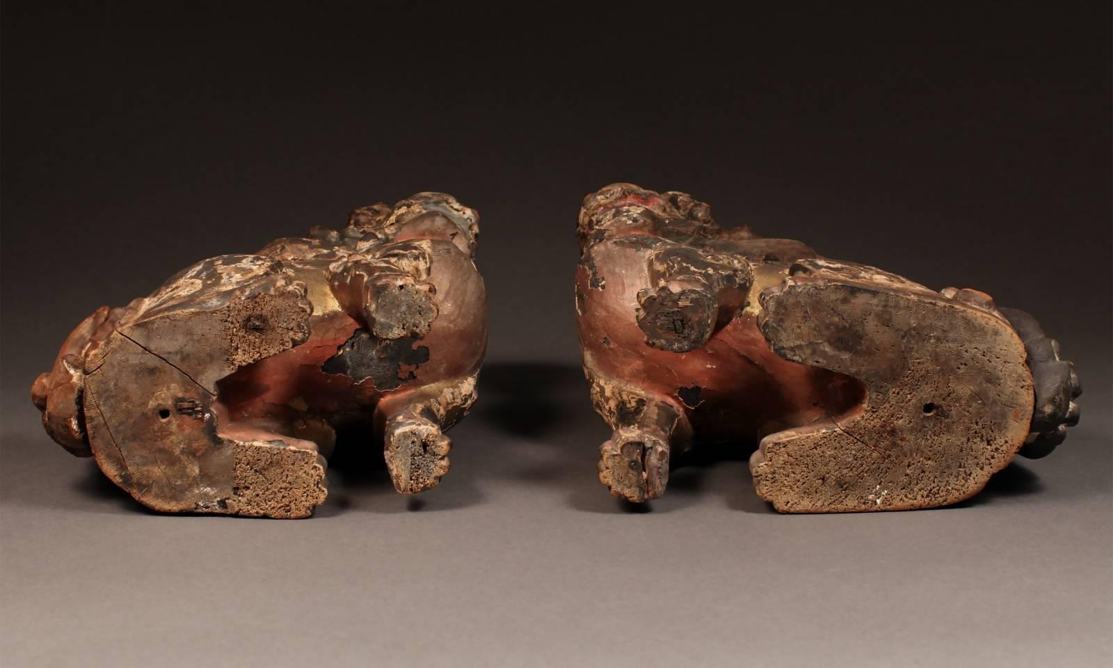 Hand-Carved 18th Century Pair of Polychrome Wood Shinto Lion-Dogs, Komainu, from Japan