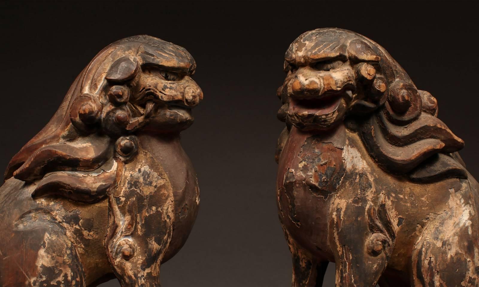 Japanese 18th Century Pair of Polychrome Wood Shinto Lion-Dogs, Komainu, from Japan