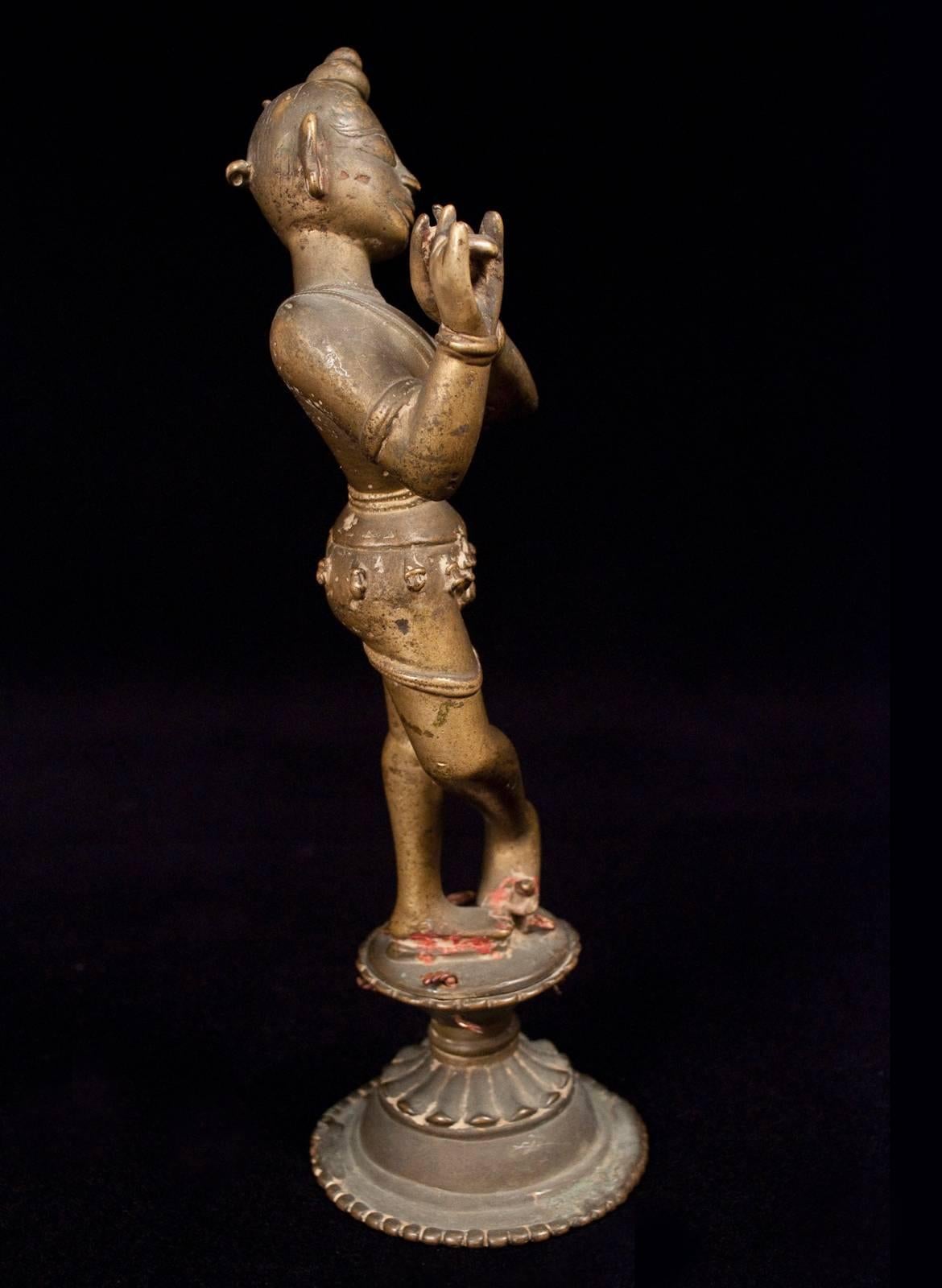 Indian 16th Century Krishna (Venugopala) Bronze Figure Playing the Flute, Orissa, India