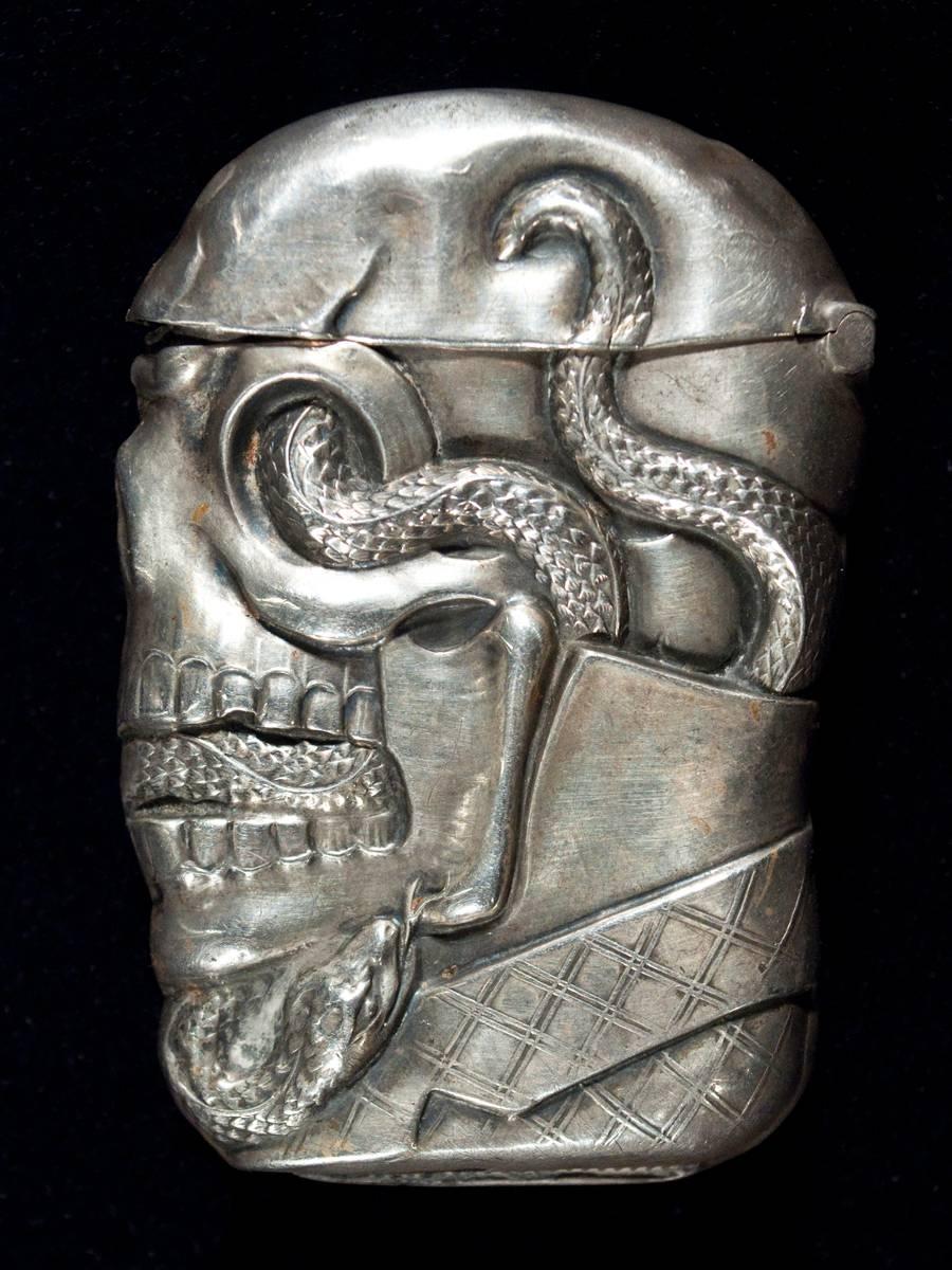 Victorian Late 19th Century Sterling Silver Skull and Serpent Match Safe 'Vesta'