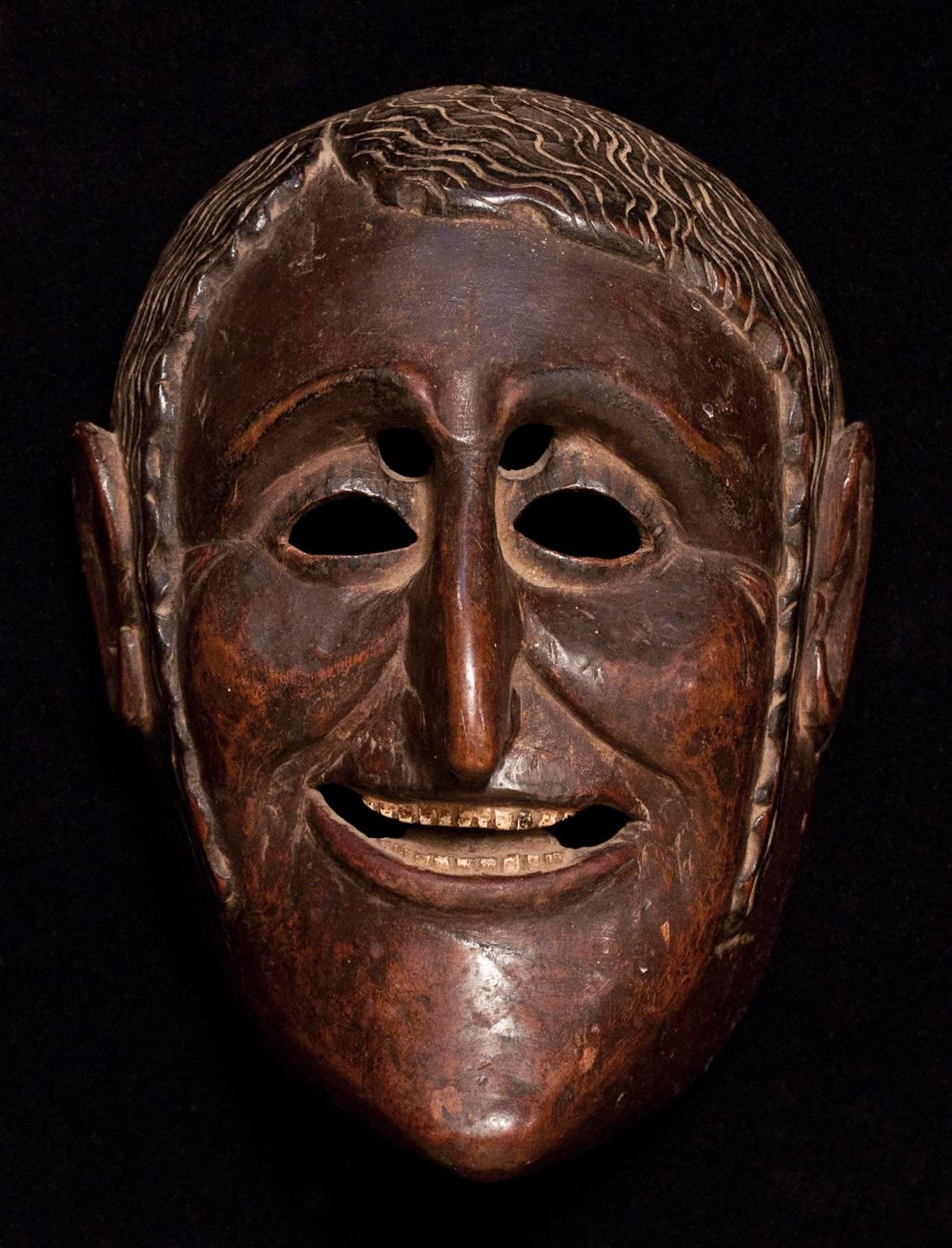 Offered by Zena Kruzick,
19th century conquistador dance mask from Guatemala.

Expressively carved from hardwood, the eyebrows, eyelashes, hair and upper lip show remnants of black paint, while the teeth have traces of white. His wavy side-parted