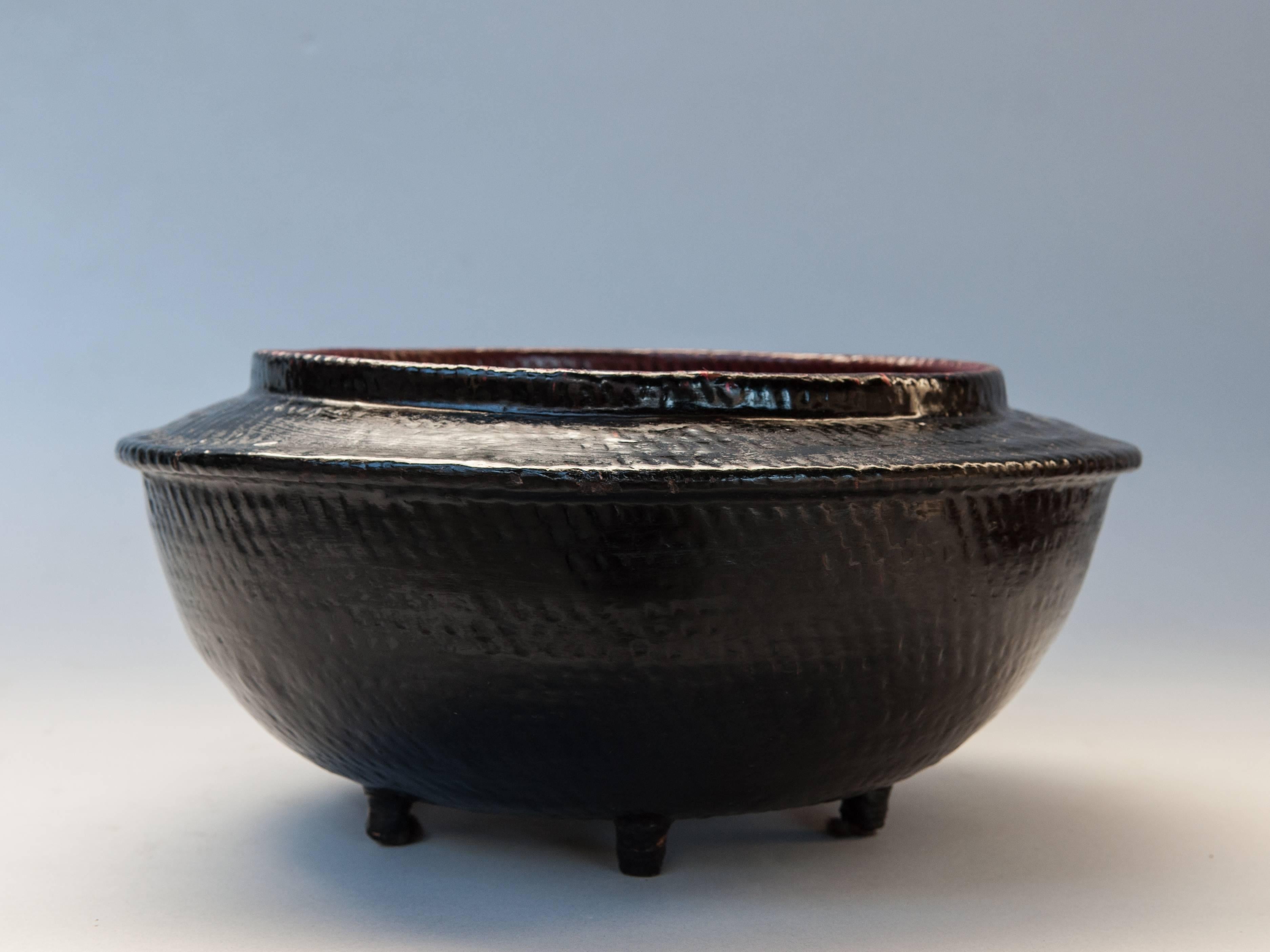Hand-Crafted Tiered Black Lacquer Offering Vessel, Hsun Gwet, Burma Mid-20th Century, Rattan