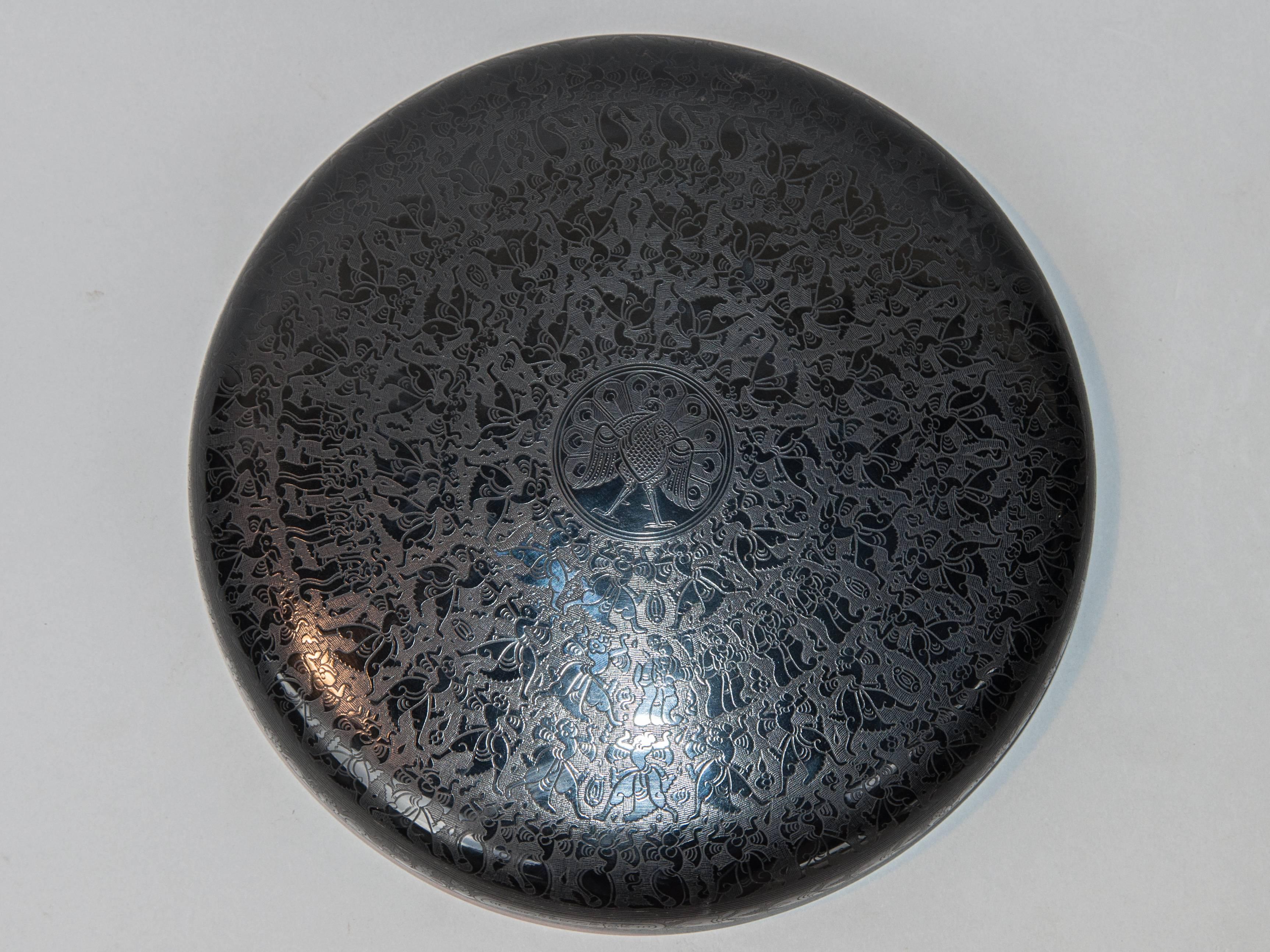 Hand-Carved Black Lacquer Box with Hand Engraved Design, Late 20th Century, Burma