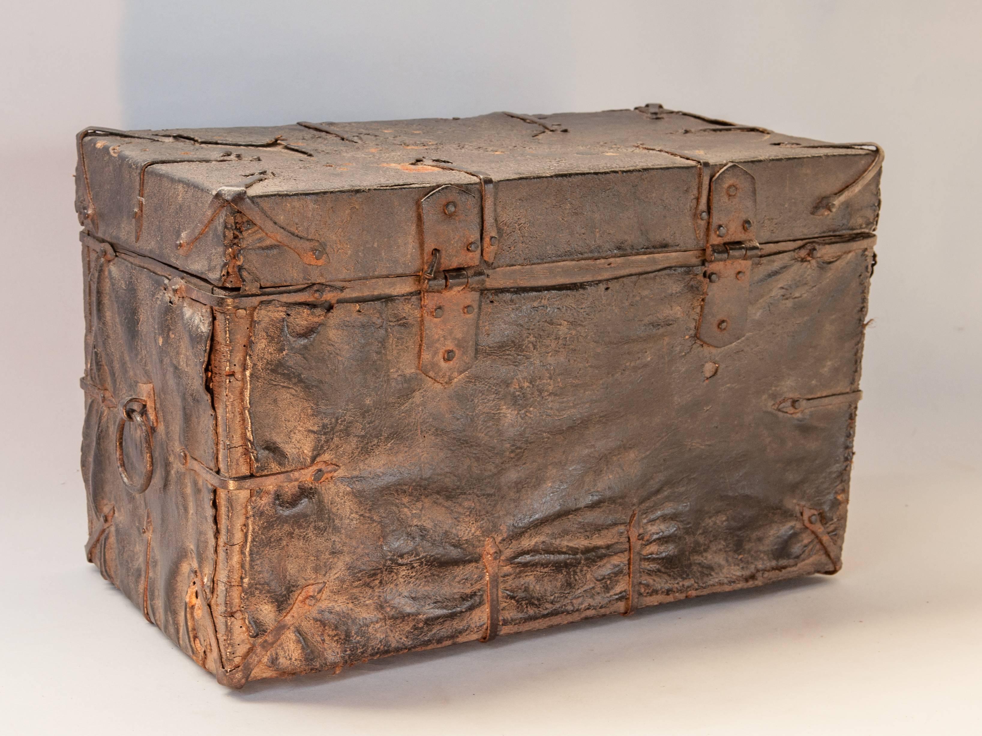 Tibetan Vintage Wooden and Leather Chest from Tibet, Early-Mid 20th Century.
