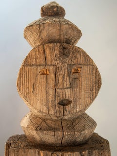 Wooden Tribal Statue from West Nepal, Mid-20th Century, Mounted on a Metal Plate