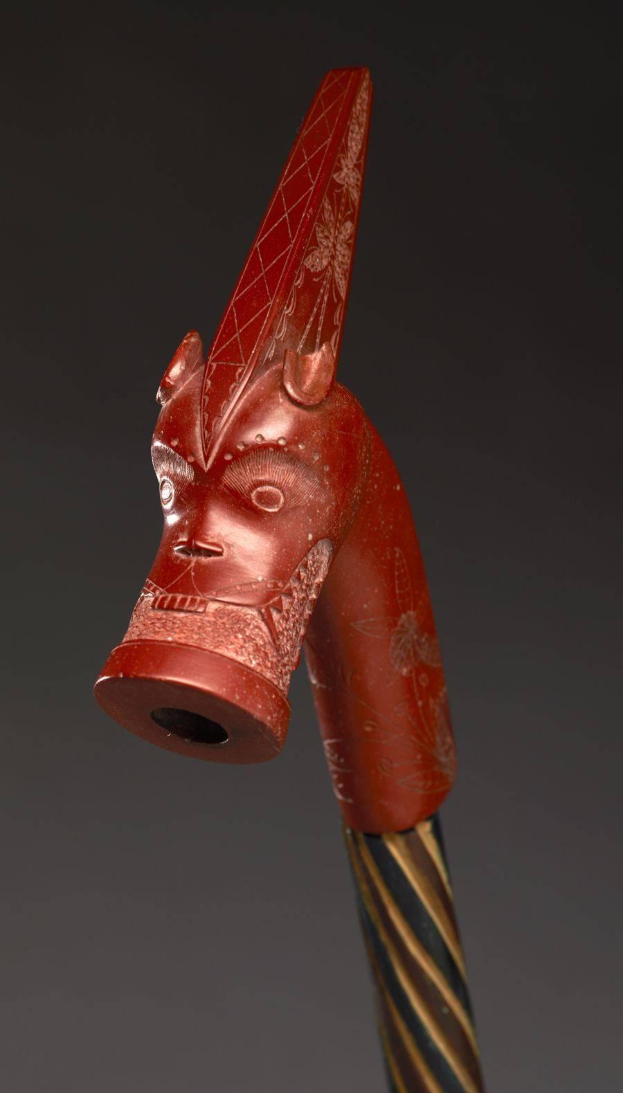 Tribal 19th Century Carved Red Catlinite Pipe Bowl and Wooden Stem, Sioux