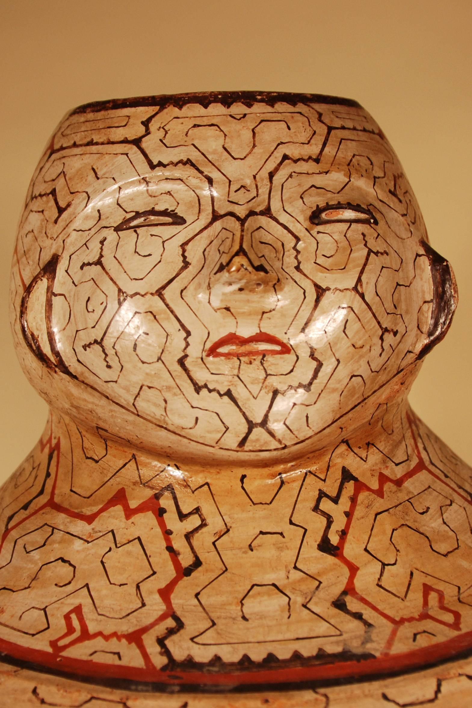 Peruvian Mid-20th Century Shipibo South American Double Faced Figurative Ceramic Pot