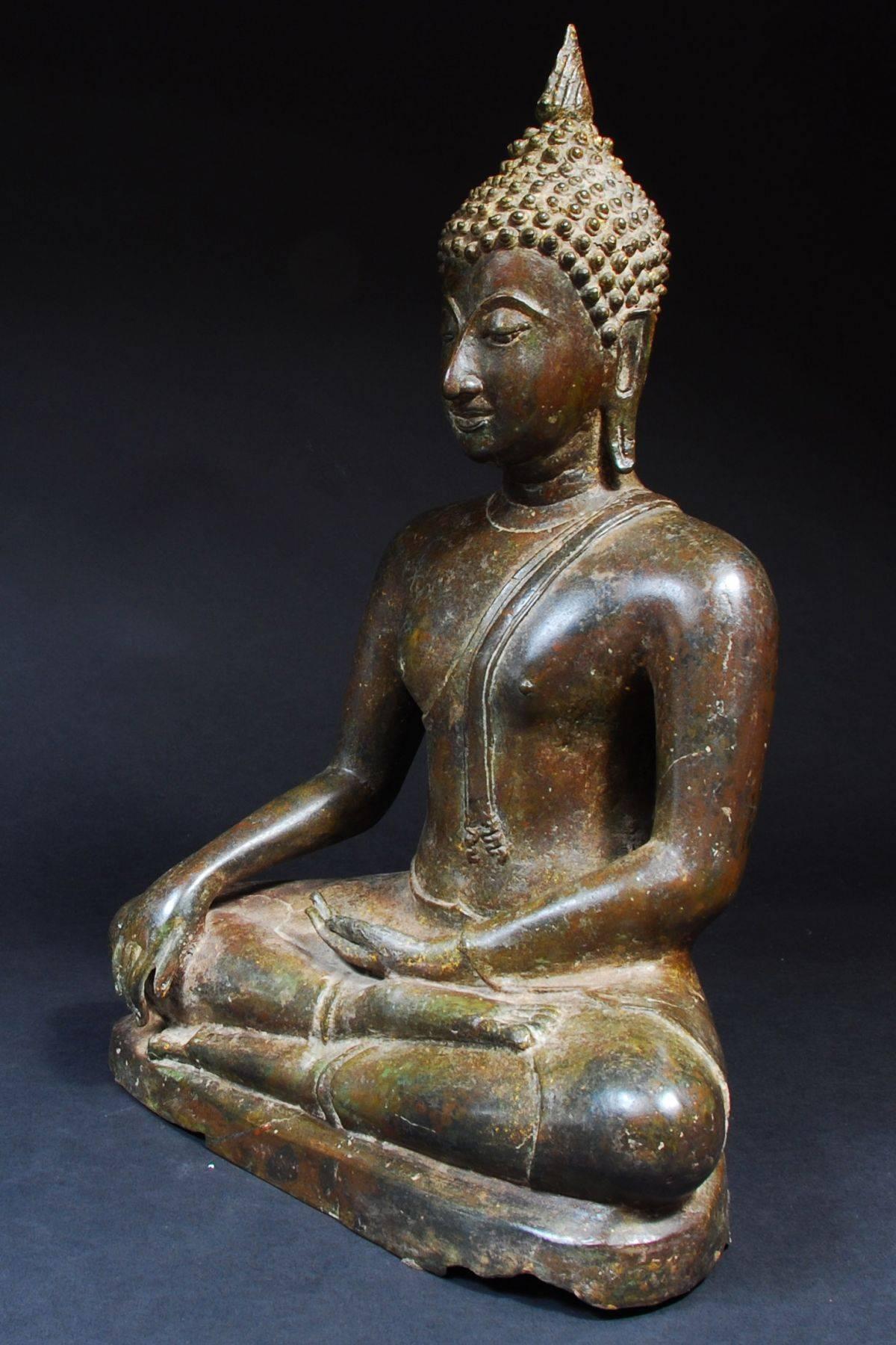 Offered by CALLIE MORGAN OAKES
18th Century Bronze Northern Sukhothai Style Buddha from Thailand
