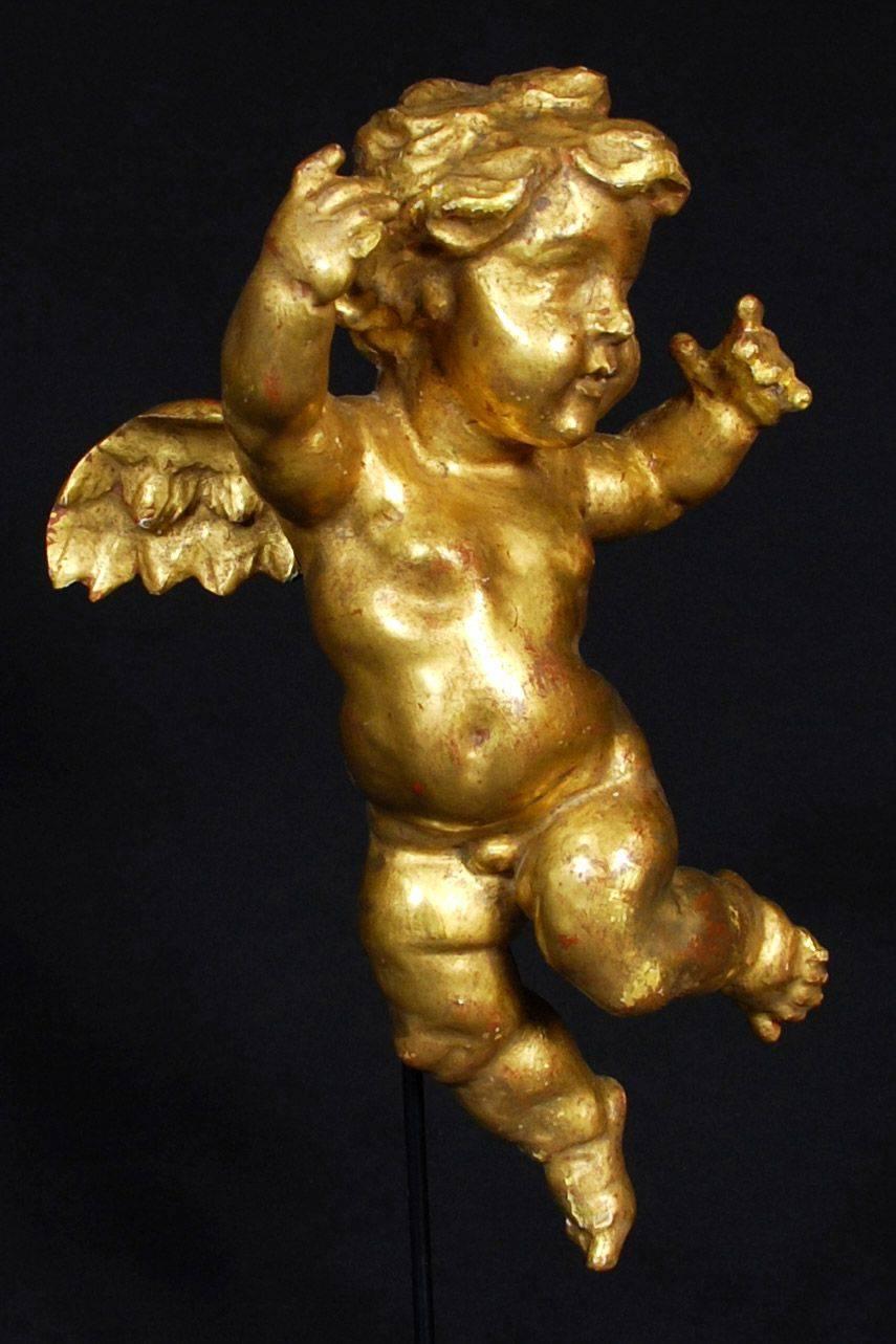Offered by CALLIE MORGAN OAKES
Early 19th Century Antique Gold Painted Wooden Cherub
Wood, Gold Paint

The custom made, museum style base is included in the price.  A custom designed wall mount is available and is quoted separately