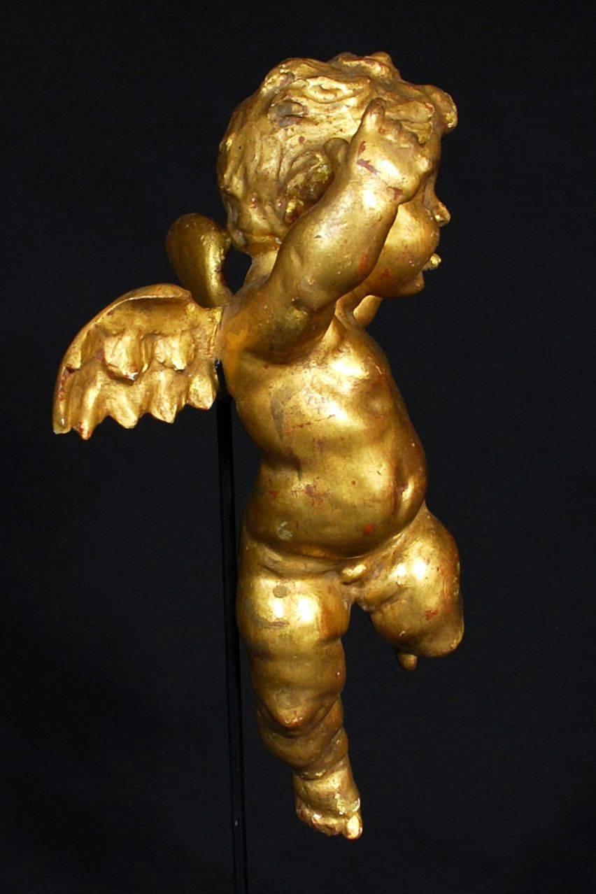 Romantic Early 19th Century Antique Gold Painted Wooden Cherub