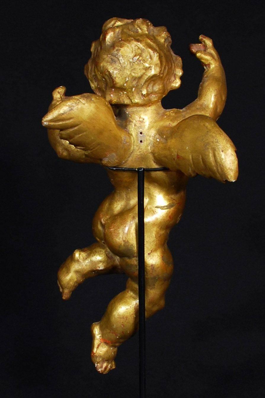 Hand-Carved Early 19th Century Antique Gold Painted Wooden Cherub