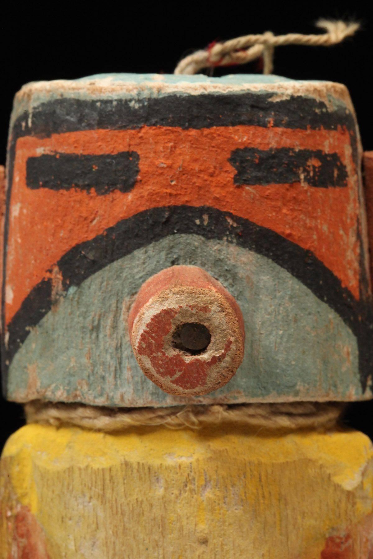 Offered by Callie Morgan Oakes,
circa 1930 Tribal American Indian Hopi Katsina depicting Kaua from Arizona
Cotton wood root and natural pigments.
 