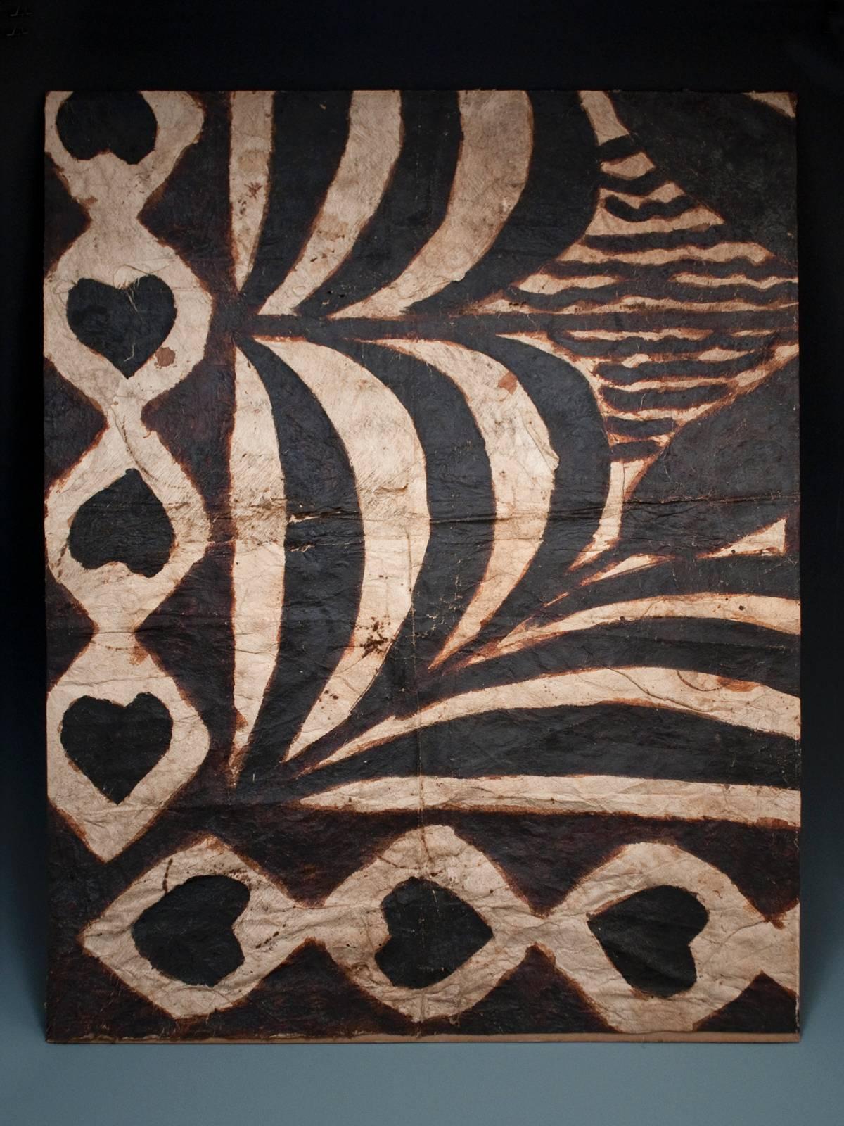 Offered by Zena Kruzick.
Early 20th century abstract tapa cloth fragment from western Samoa.
Bark cloth, 'o'a sap and lama nut glaze.

This portion of a larger tapa cloth was collected, circa 1910-1920 by Rear Admiral Cary Travers Grayson