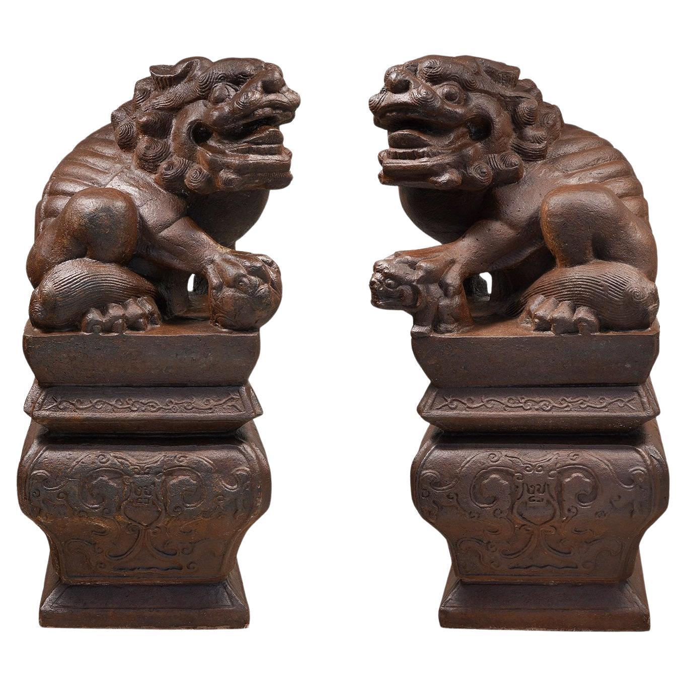 20th Century Large Pair of Chinese Cast Iron Guardian Lions For Sale