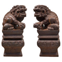 20th Century Large Pair of Chinese Cast Iron Guardian Lions